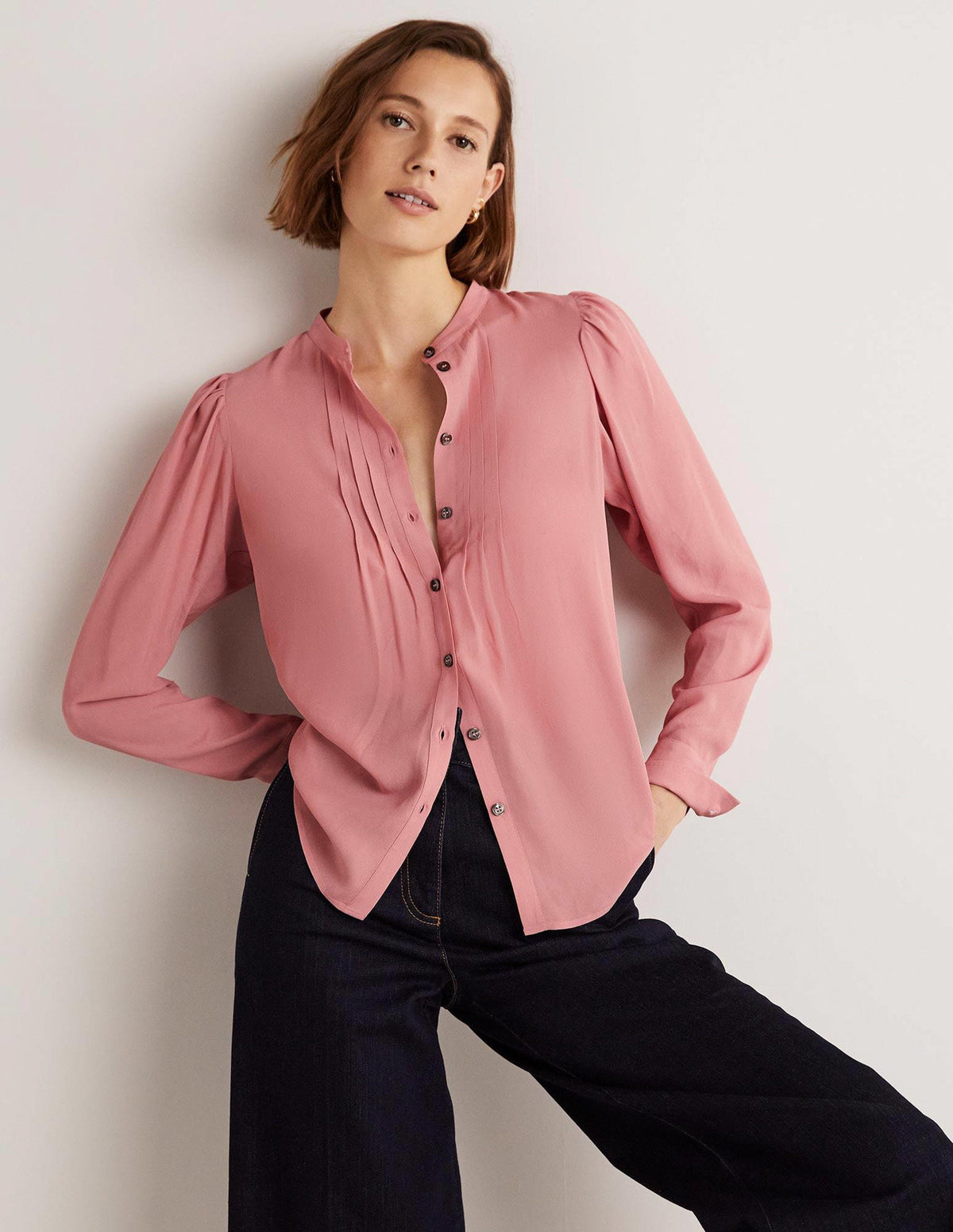 Pleated Button Through Blouse-Almond Pink - Image 1