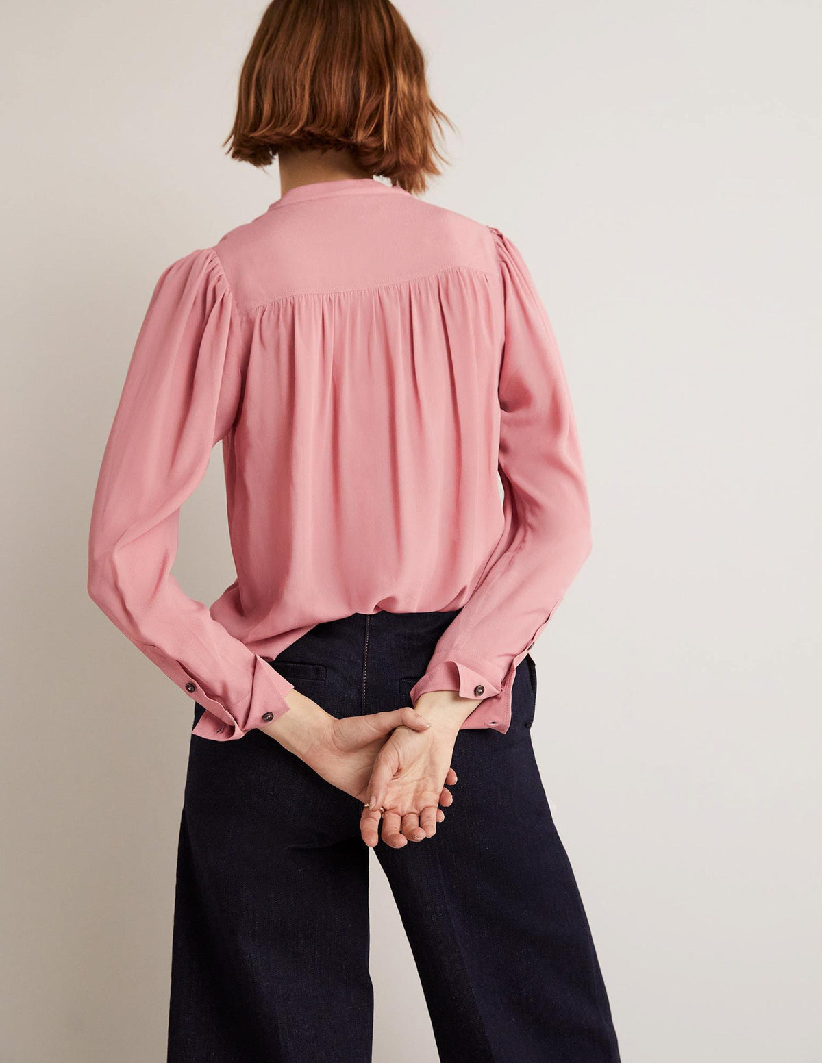 Pleated Button Through Blouse-Almond Pink - Image 3