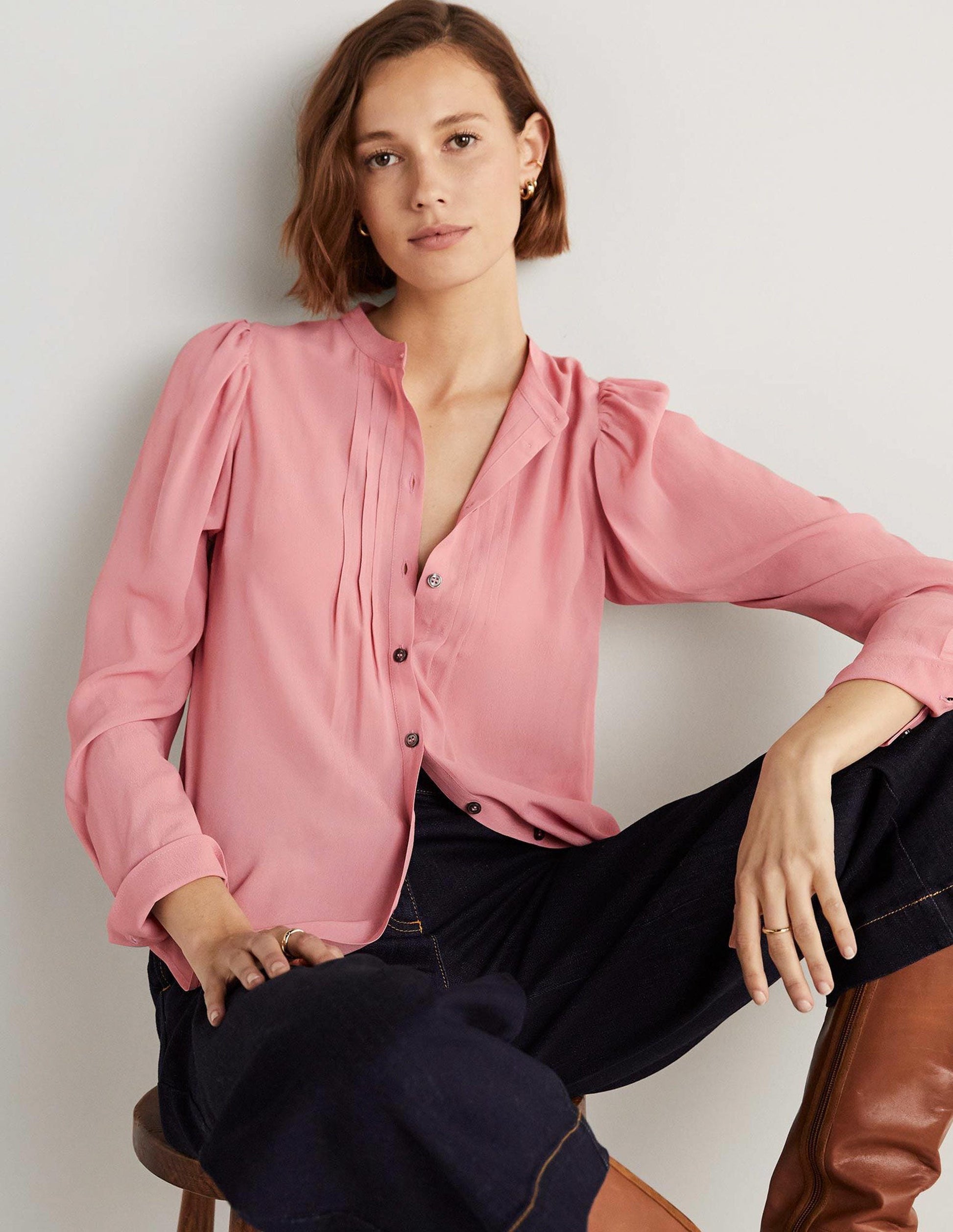 Pleated Button Through Blouse-Almond Pink-4