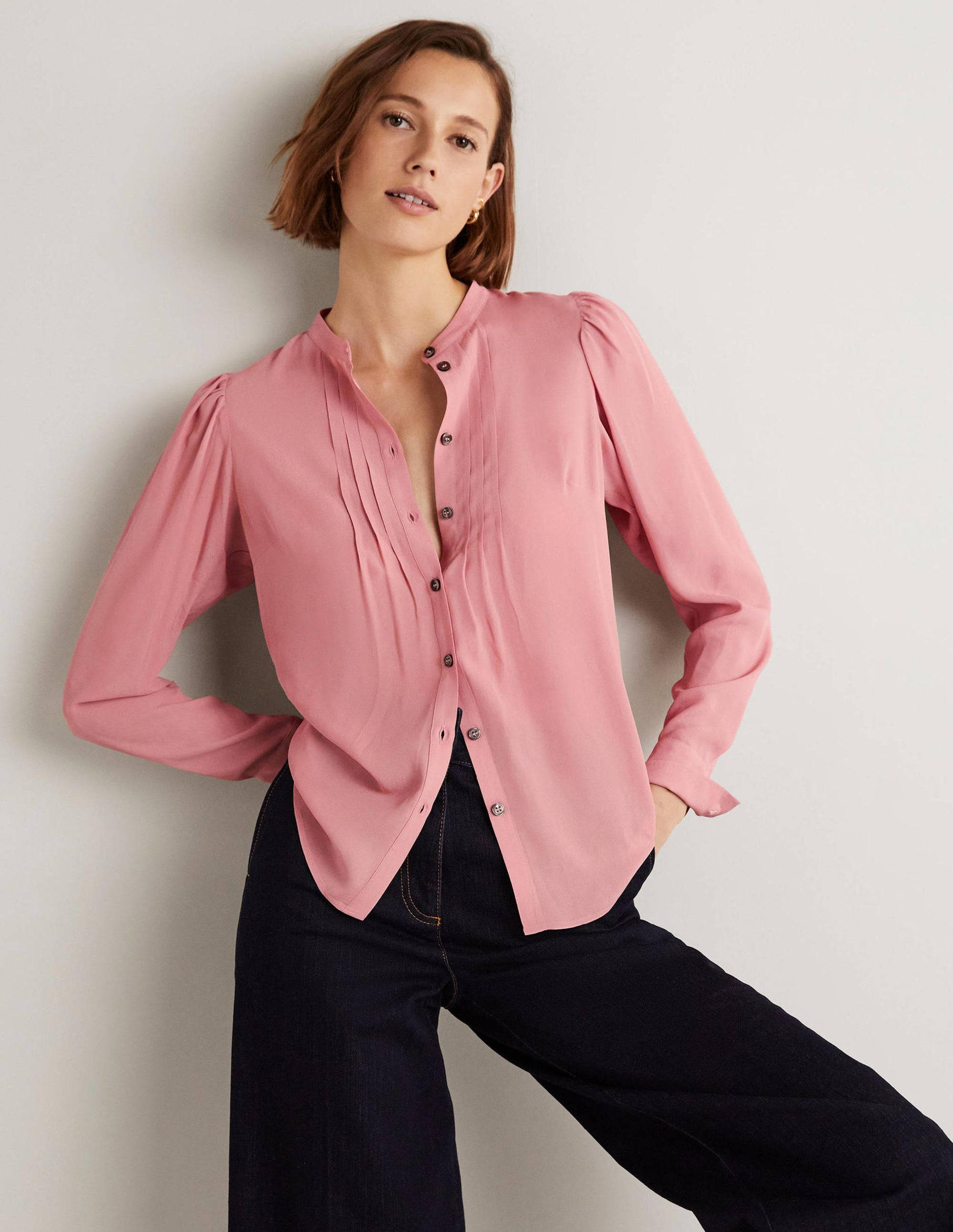 Pleated Button Through Blouse-Almond Pink-5