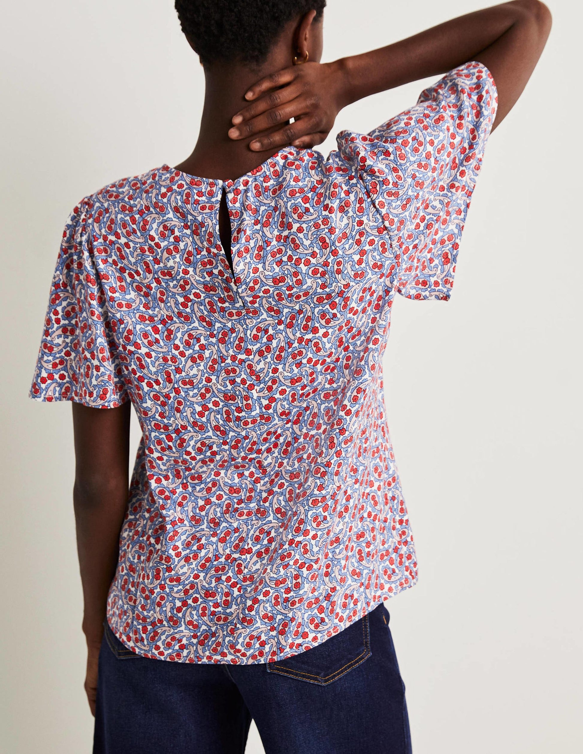 Flutter Sleeve Crew Neck Top-Riviera Blue, Petal Paisley-3