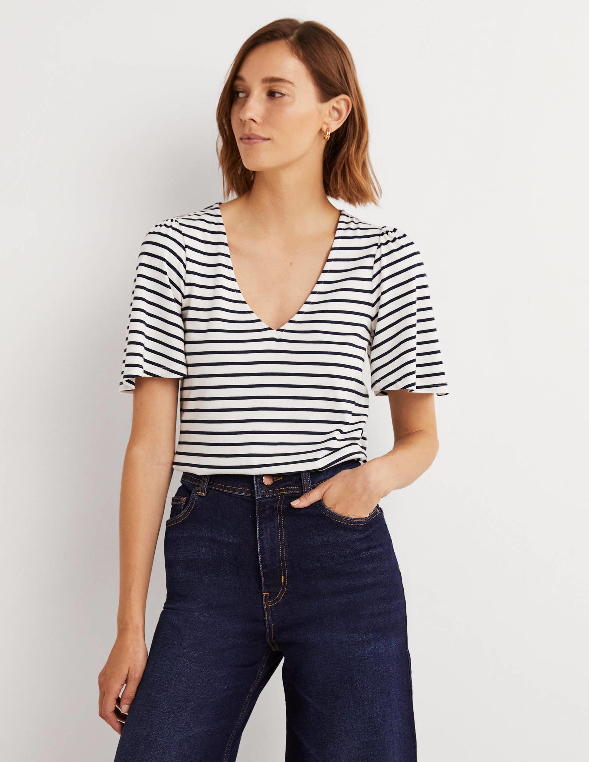 Supersoft Flutter Sleeve Top-Ivory / Navy Stripe-1