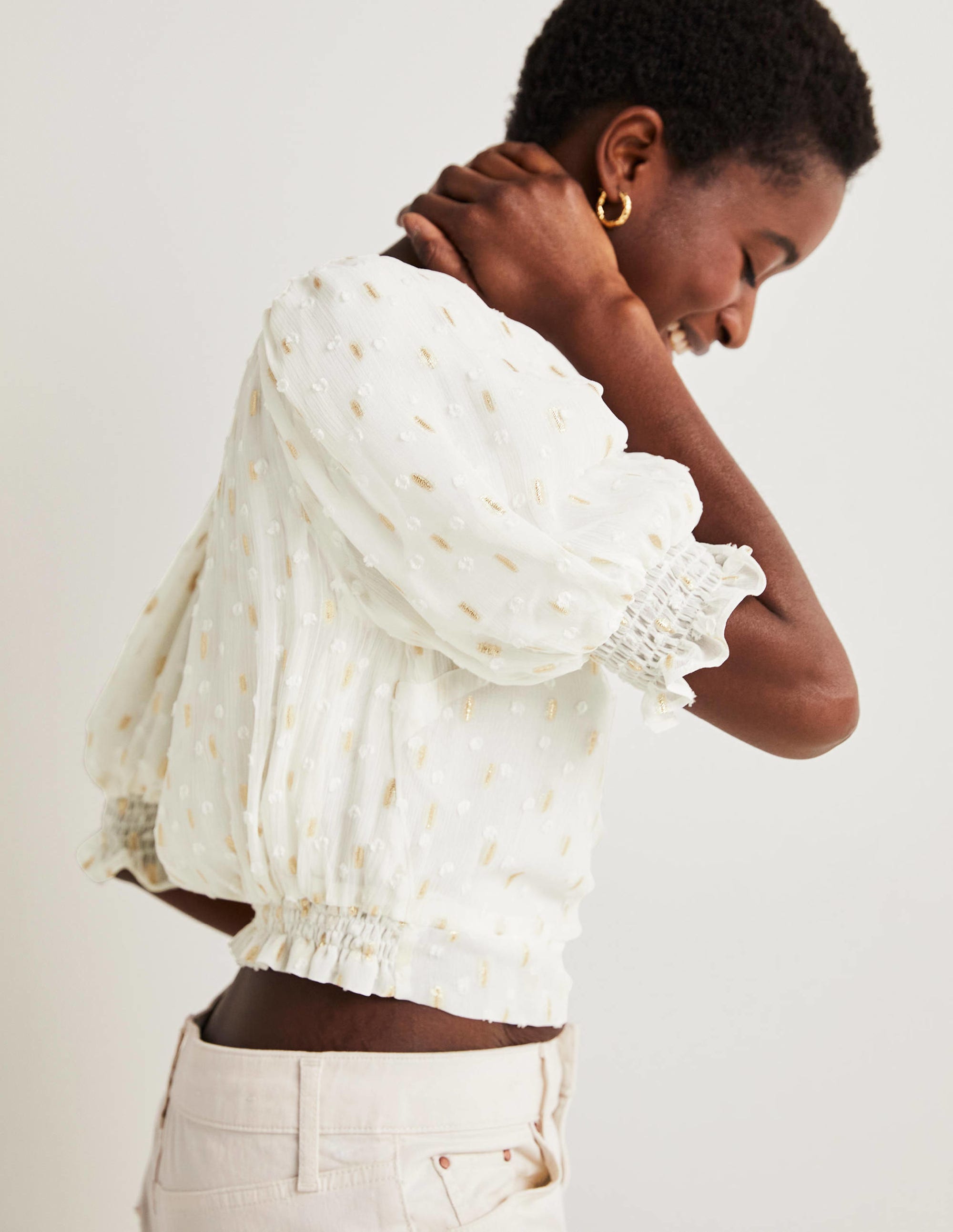 Cropped Metallic Smocked Top-Ivory and Gold Clip - Image 1