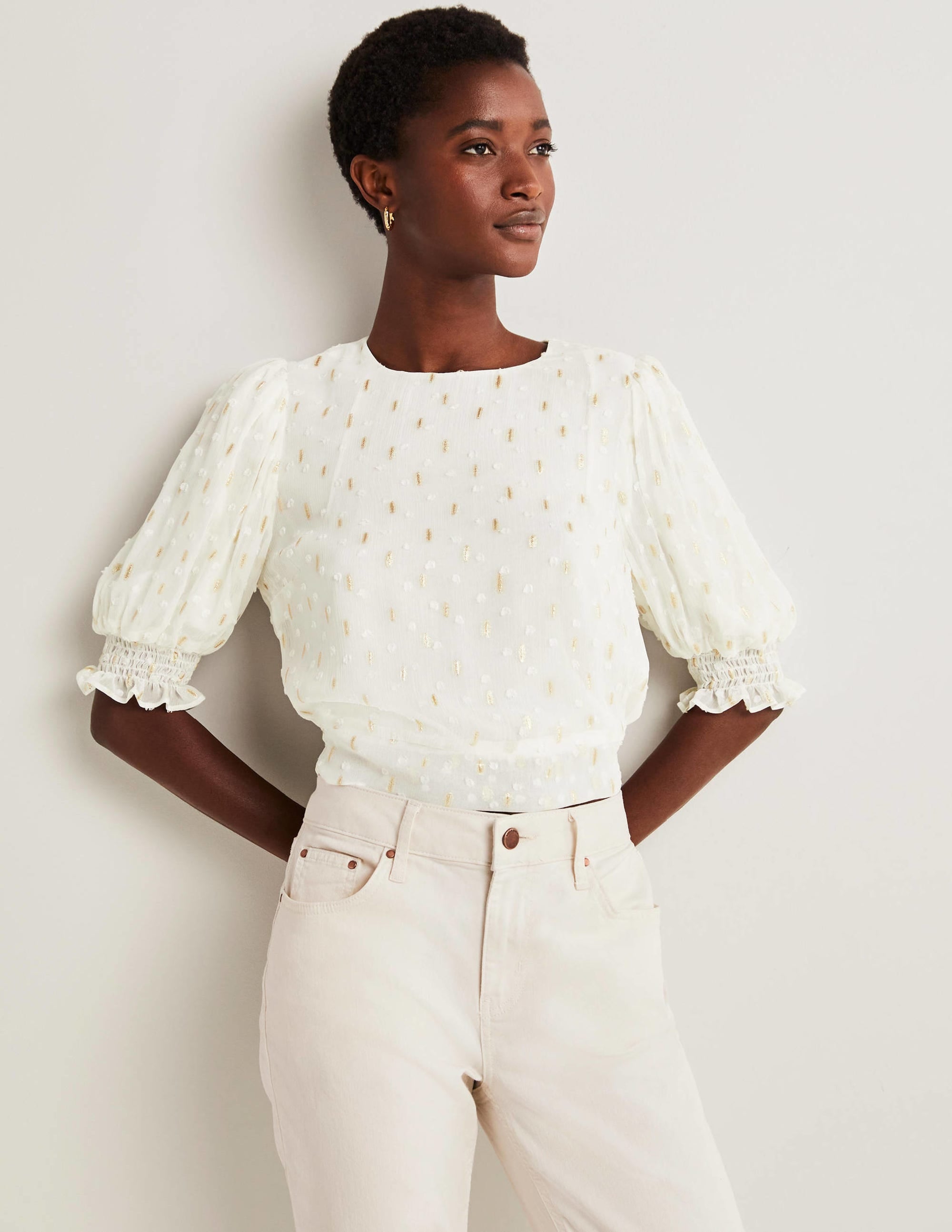 Cropped Metallic Smocked Top-Ivory and Gold Clip - Image 2