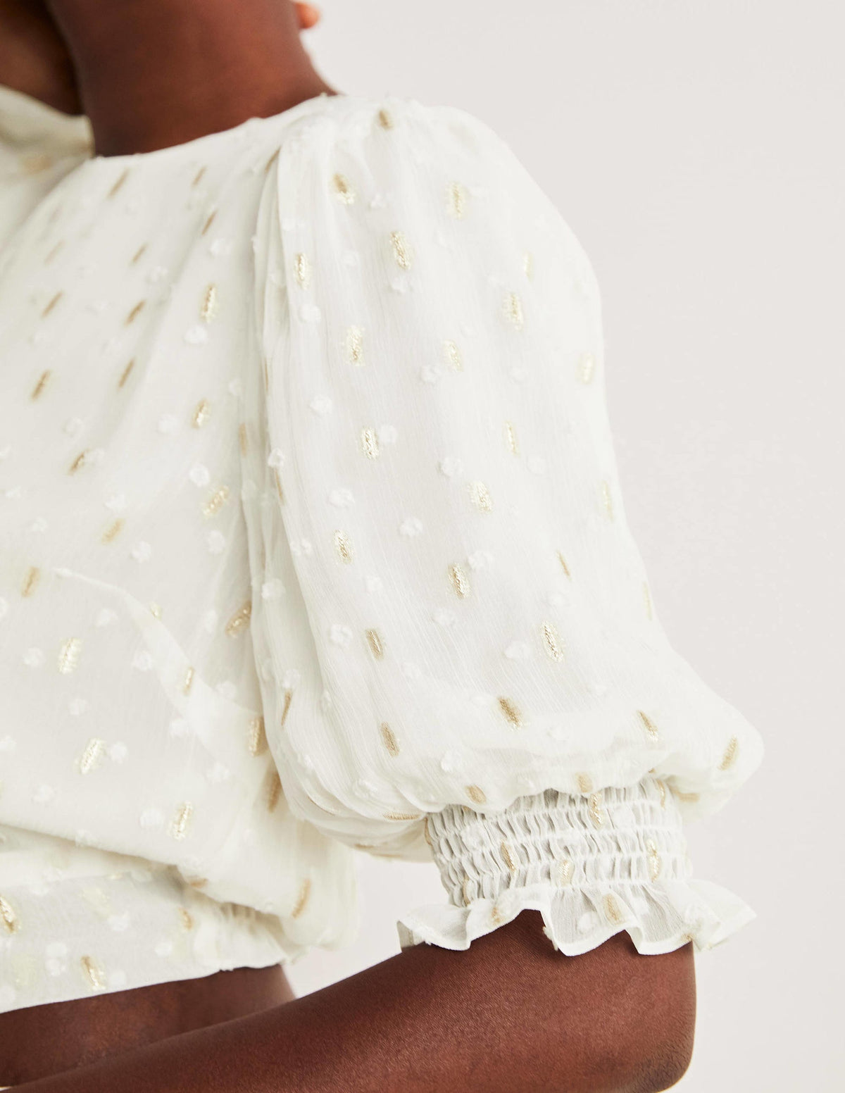 Cropped Metallic Smocked Top-Ivory and Gold Clip - Image 3