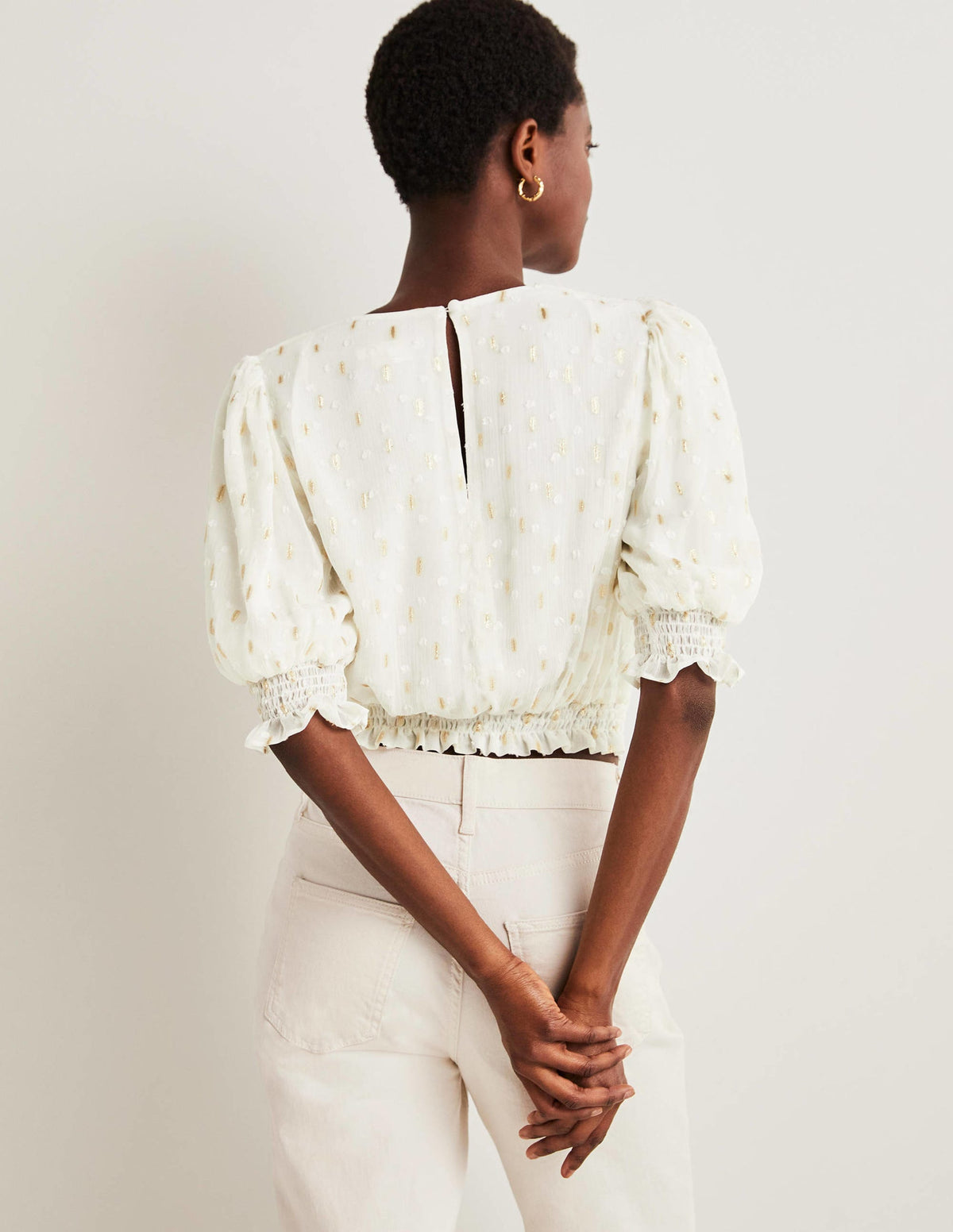 Cropped Metallic Smocked Top-Ivory and Gold Clip - Image 4