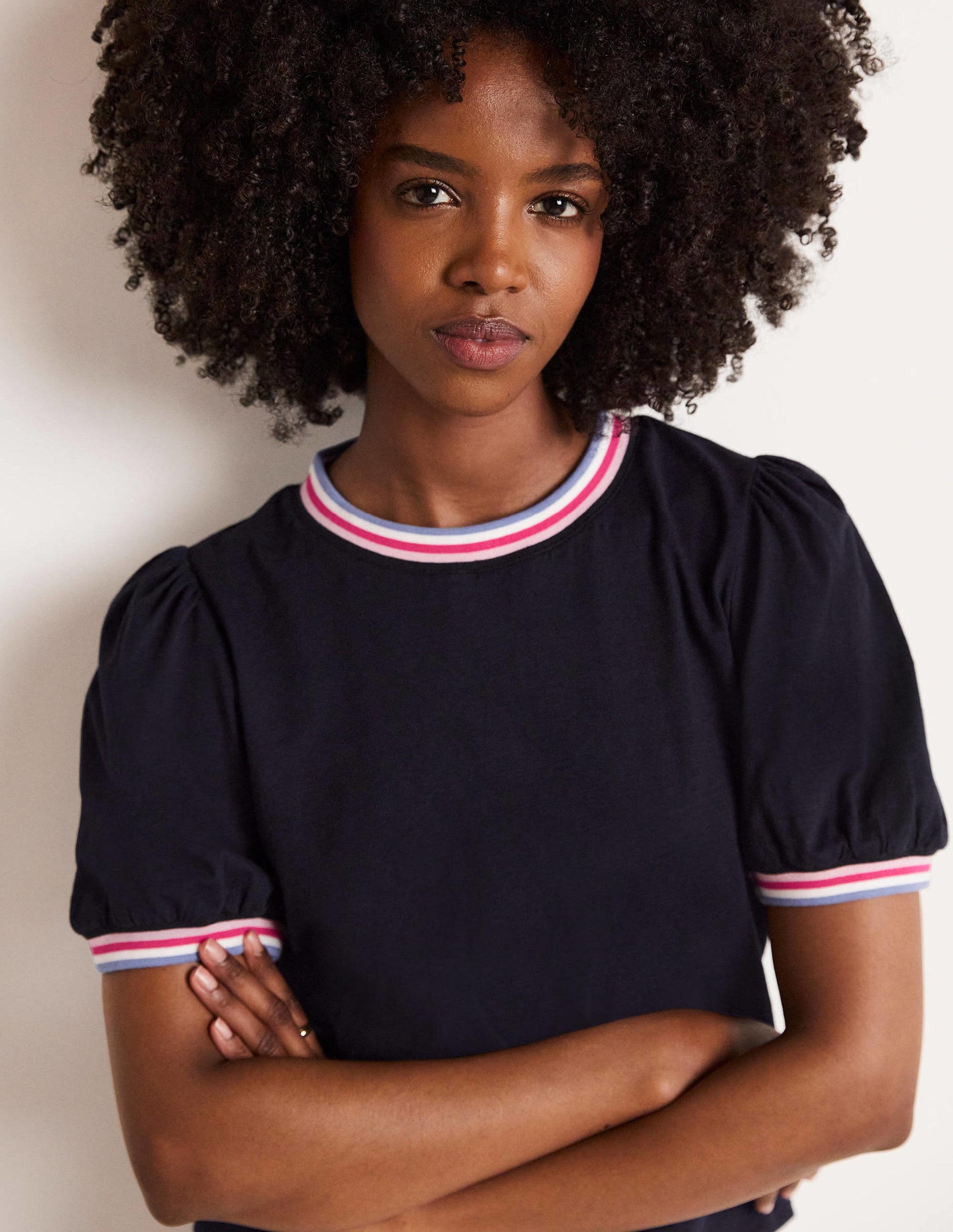 Rib Trim Blouson Top-Navy-10