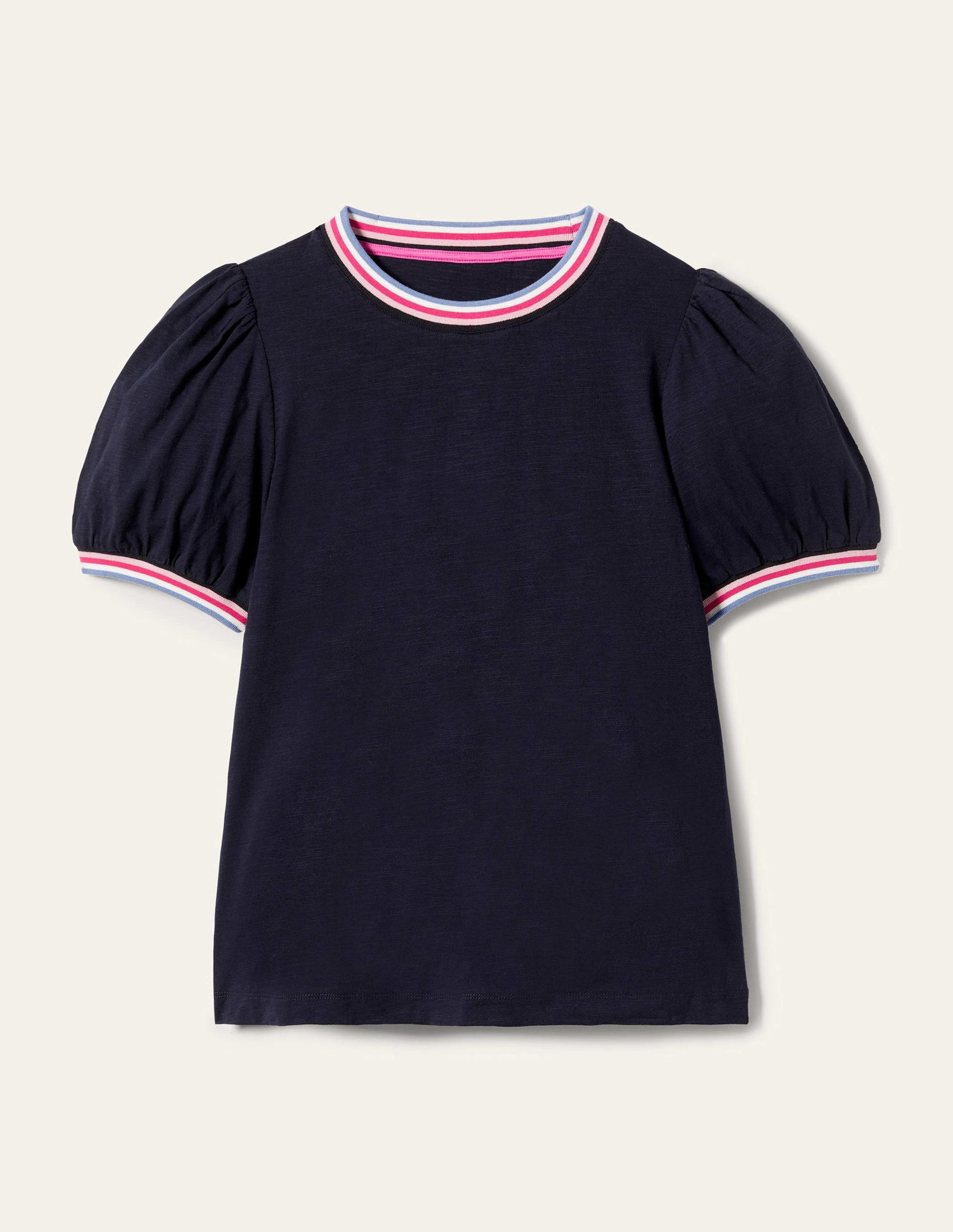 Rib Trim Blouson Top-Navy-12