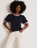 Rib Trim Blouson Top-Navy
