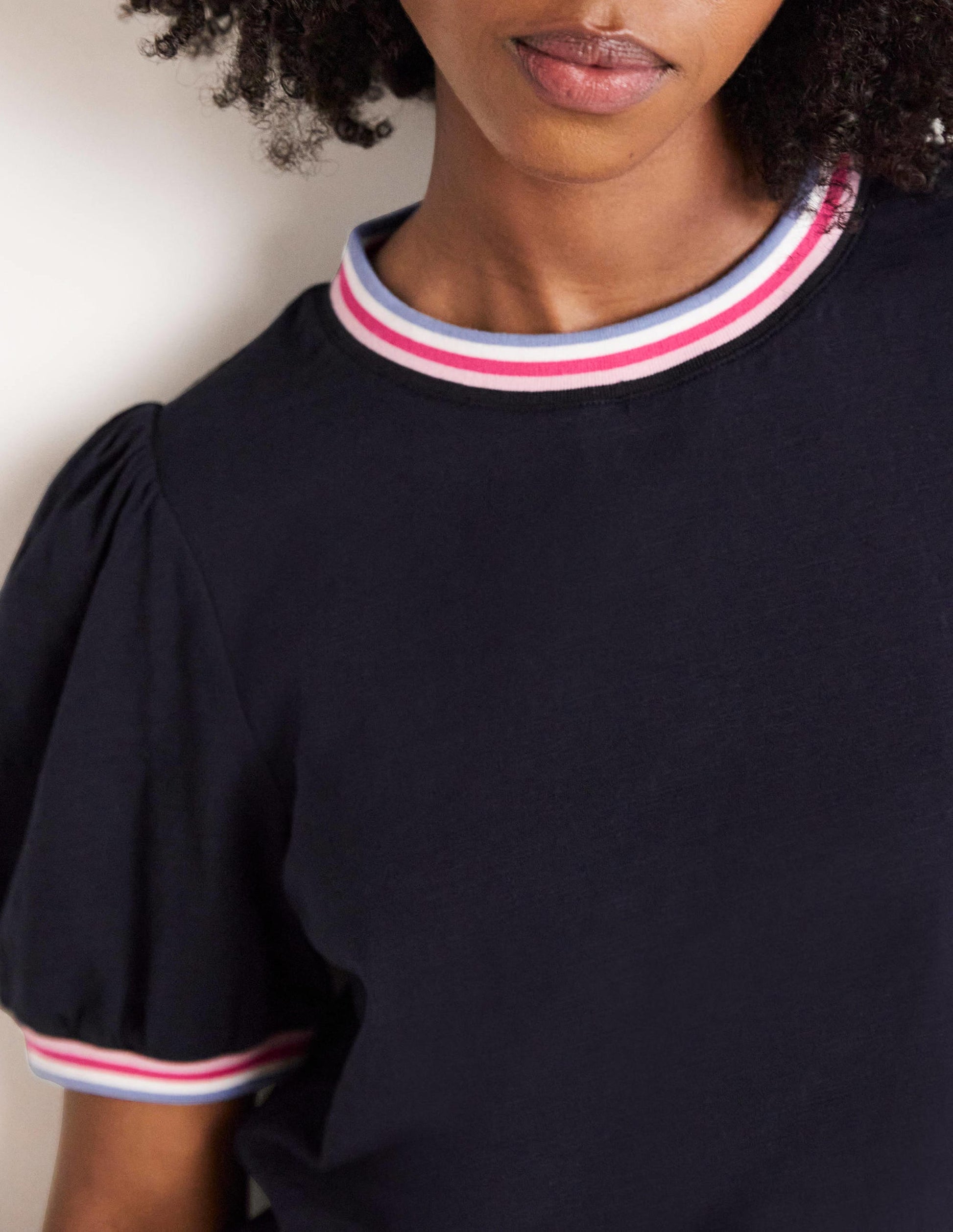 Rib Trim Blouson Top-Navy-2