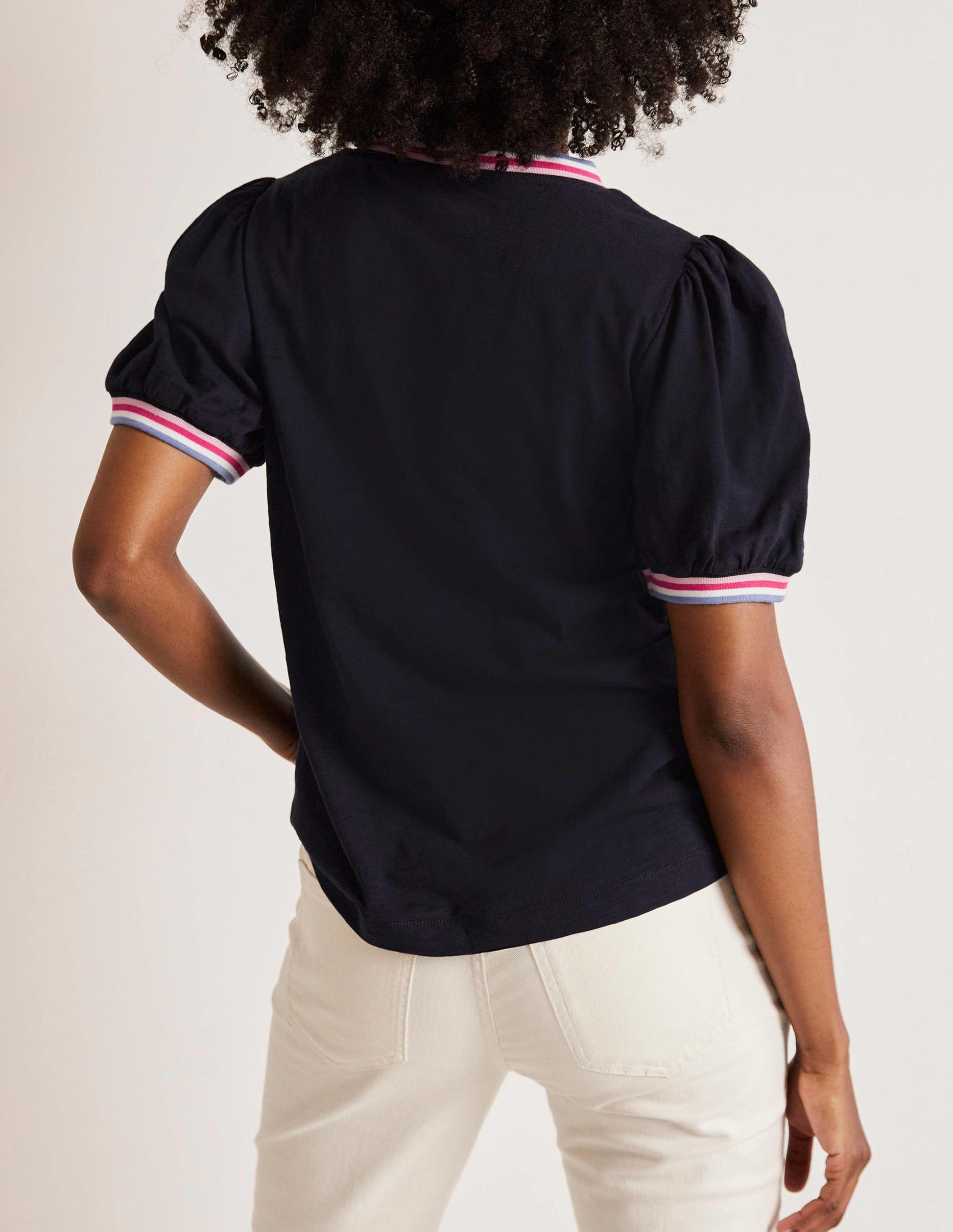 Rib Trim Blouson Top-Navy-3