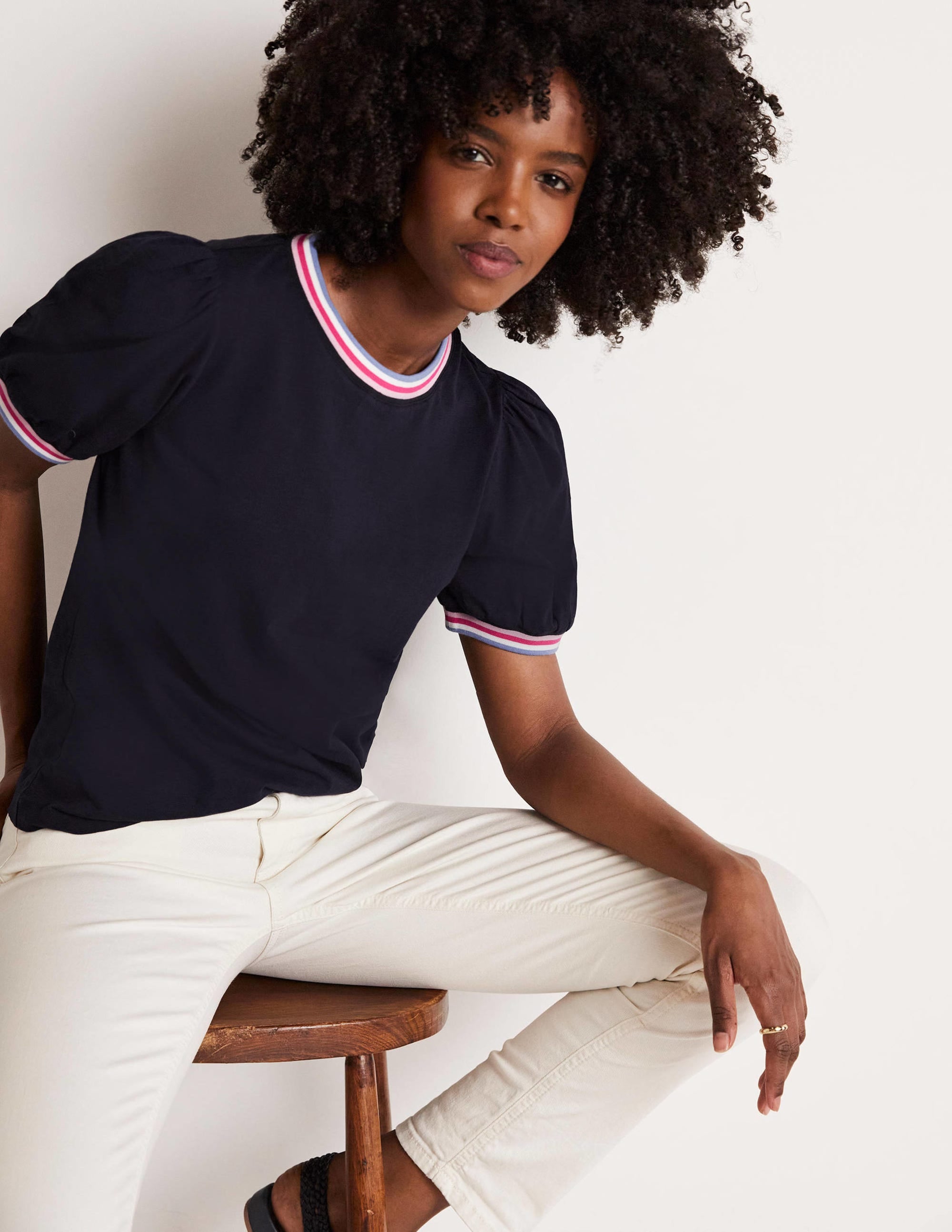 Rib Trim Blouson Top-Navy - Image 4