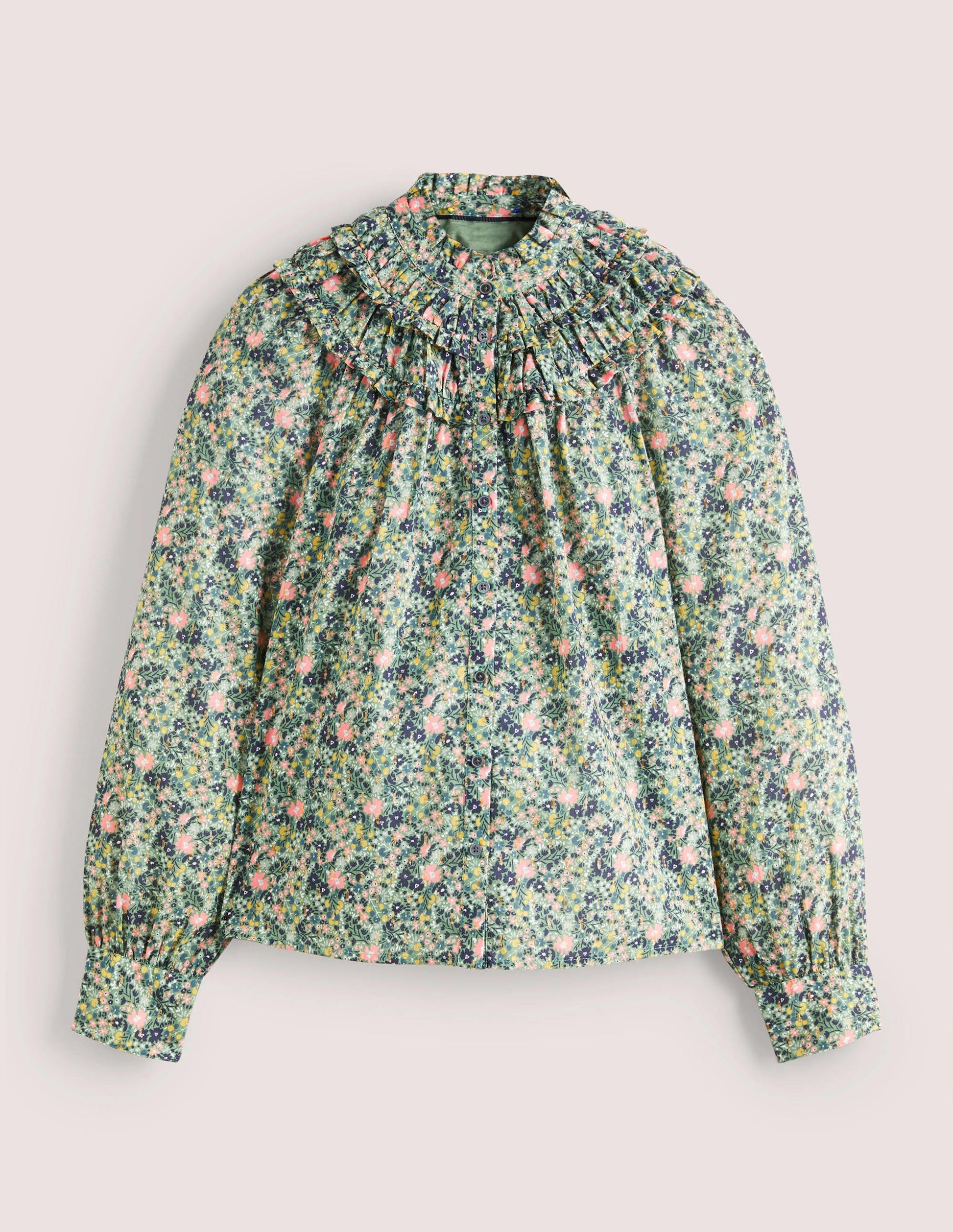 Frilled High Neck Shirt-Rosemary, Abstract Ditsy-5