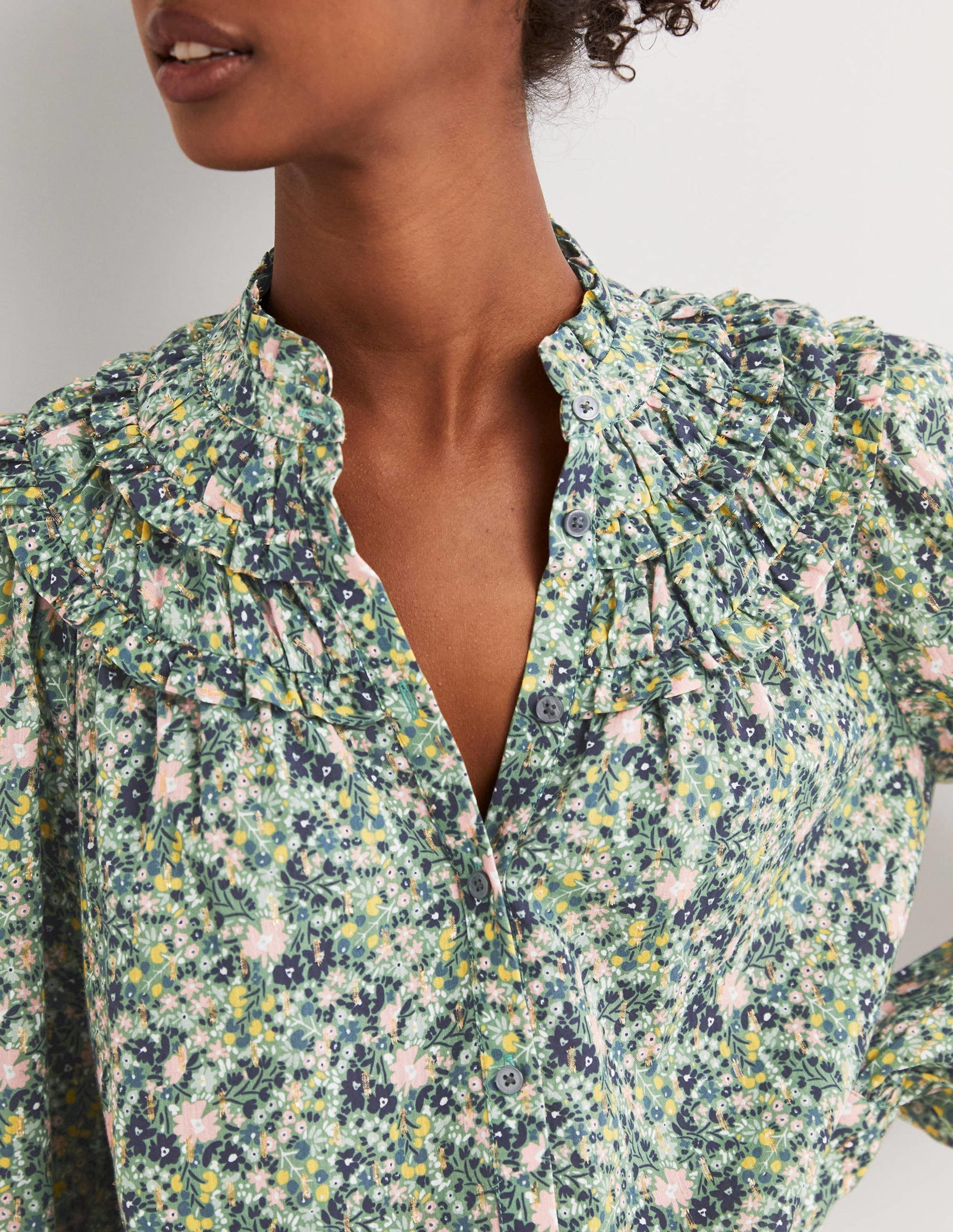 Frilled High Neck Shirt-Rosemary, Abstract Ditsy-2