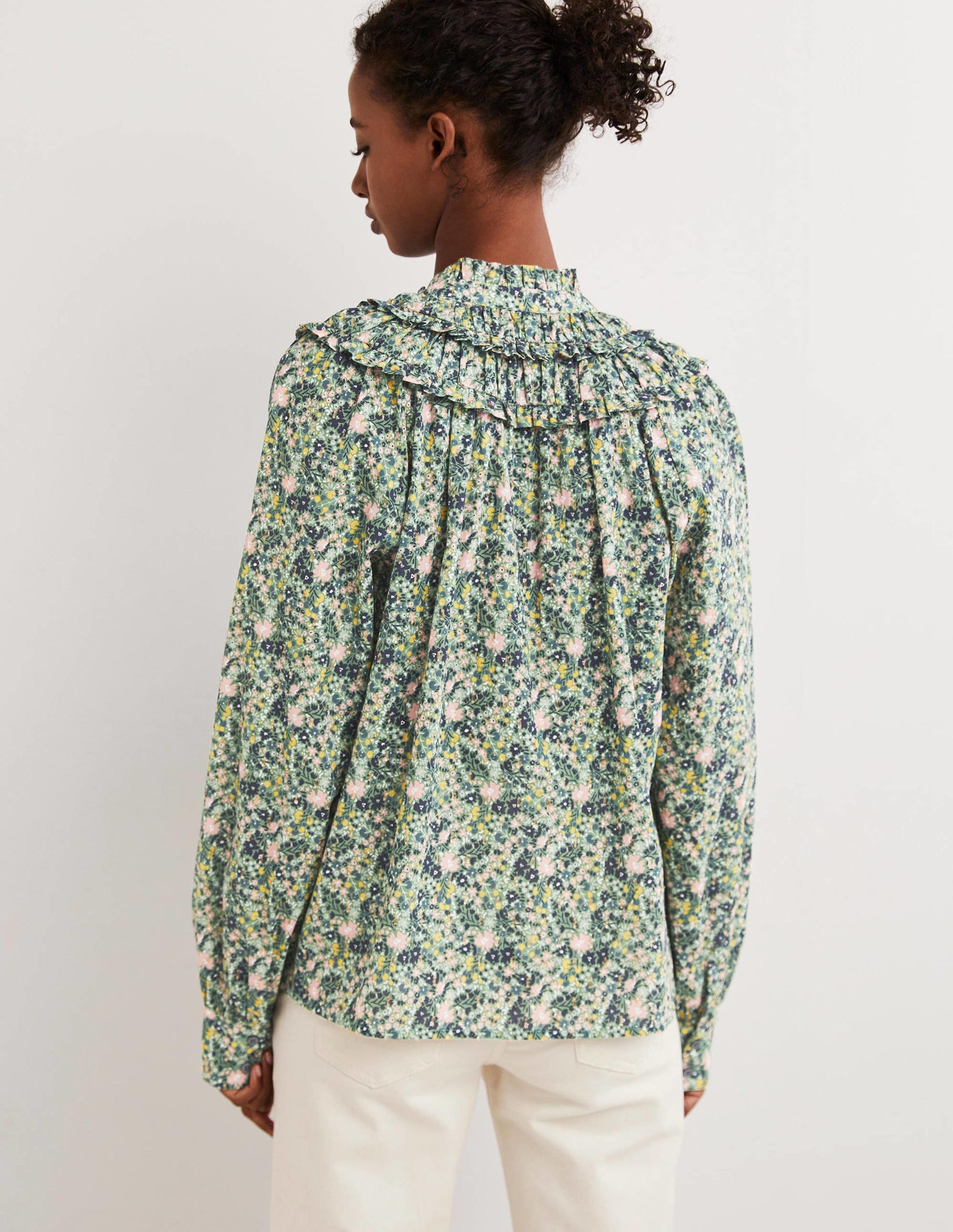Frilled High Neck Shirt-Rosemary, Abstract Ditsy-3