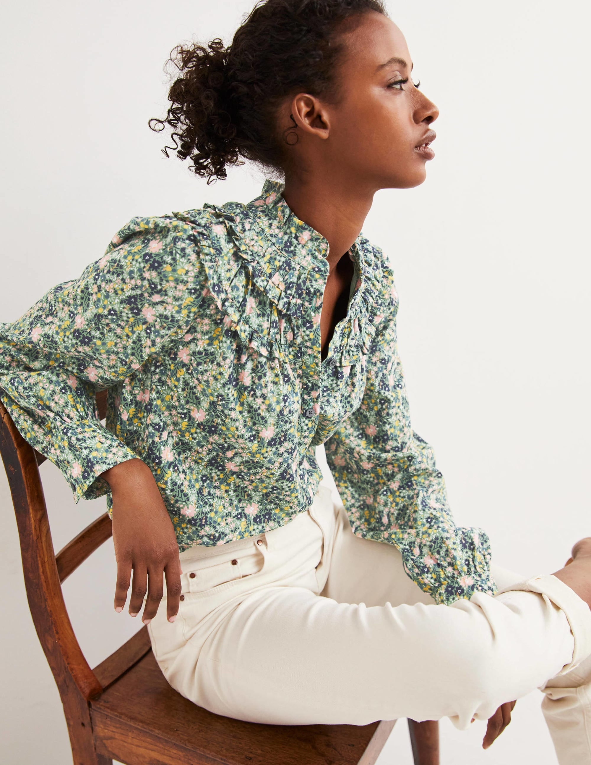 Frilled High Neck Shirt-Rosemary, Abstract Ditsy - Image 4