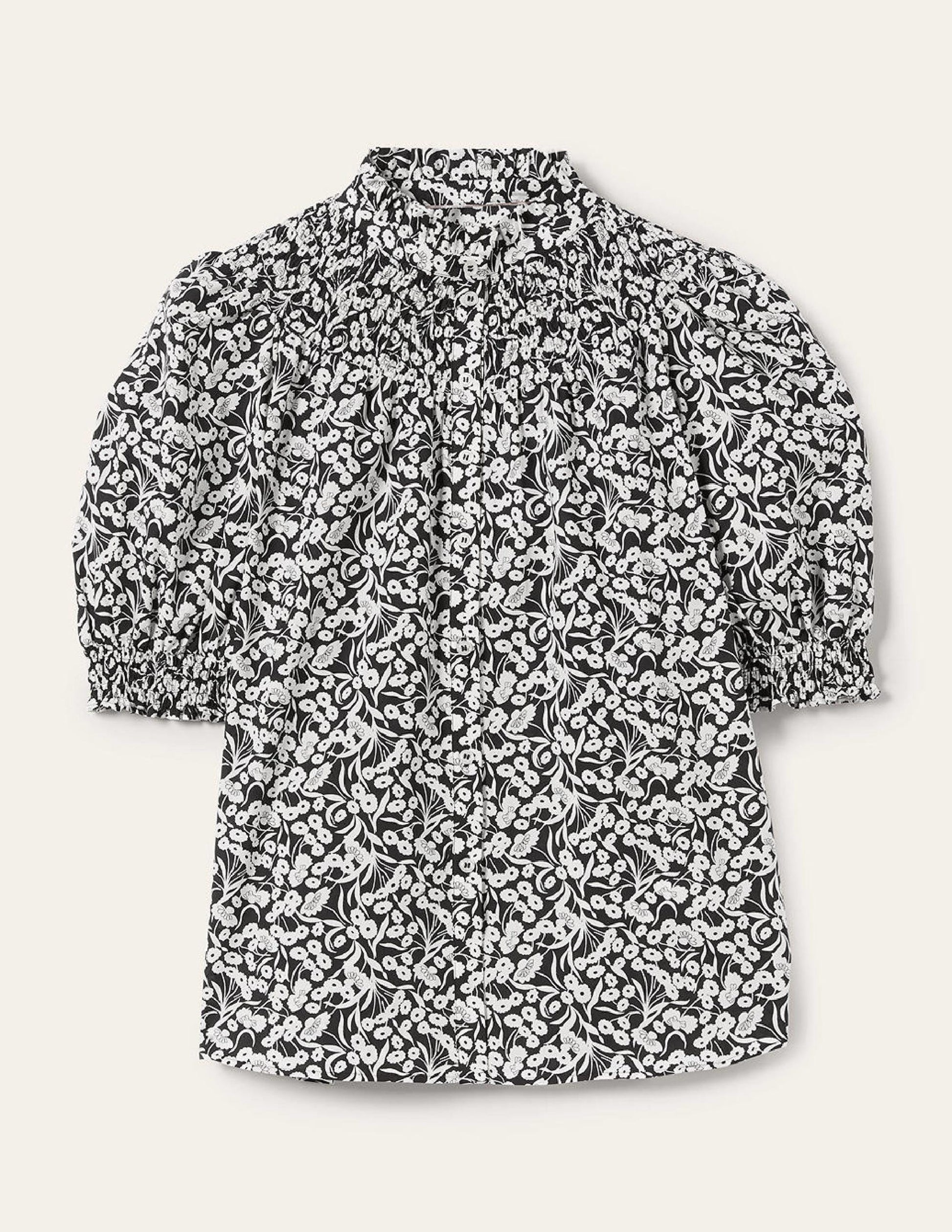 Short Sleeve Smocked Shirt-Black, Floret Bud-5
