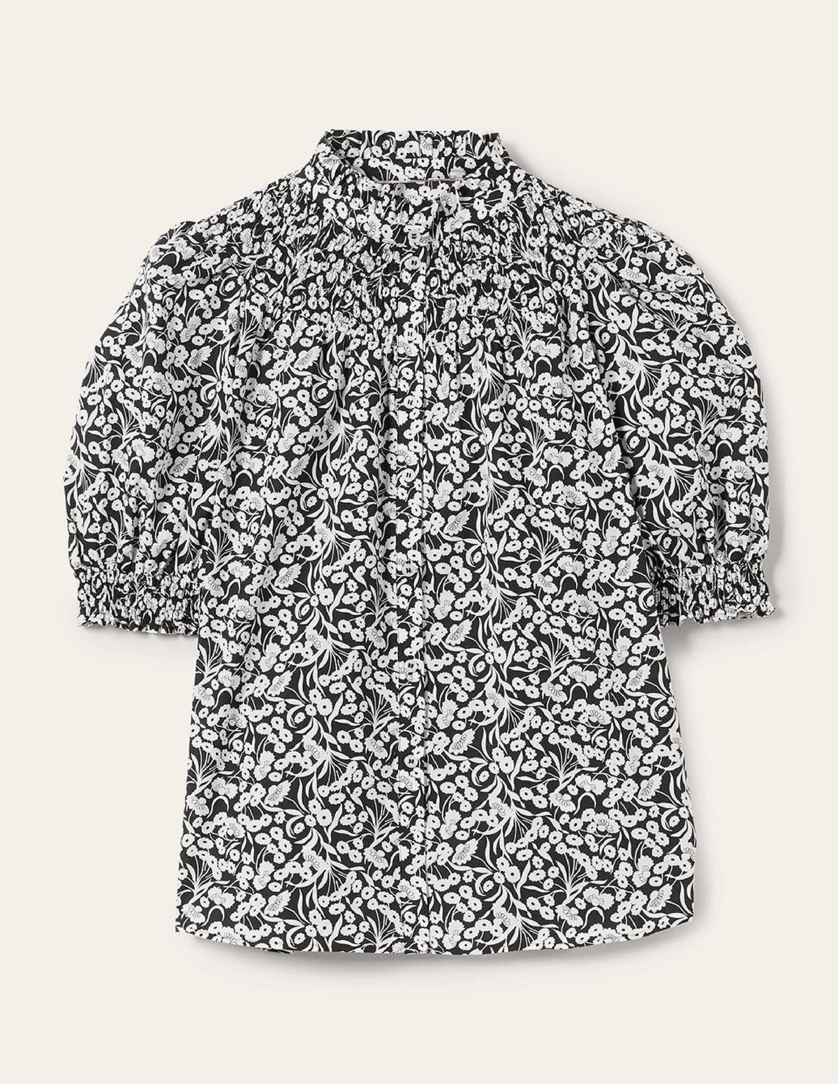 Short Sleeve Smocked Shirt-Black, Floret Bud - Image 5