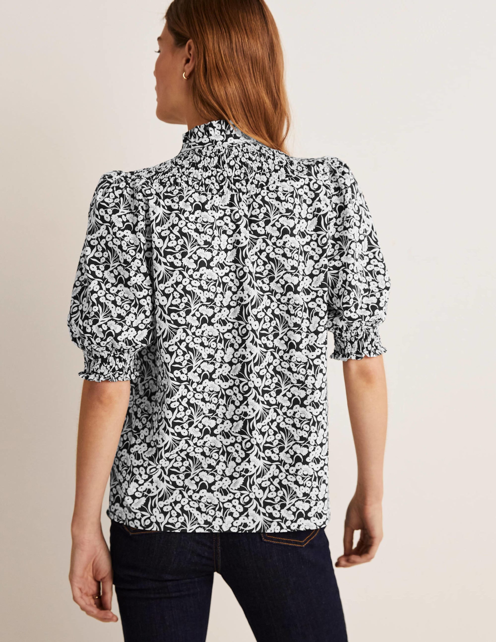 Short Sleeve Smocked Shirt-Black, Floret Bud - Image 7