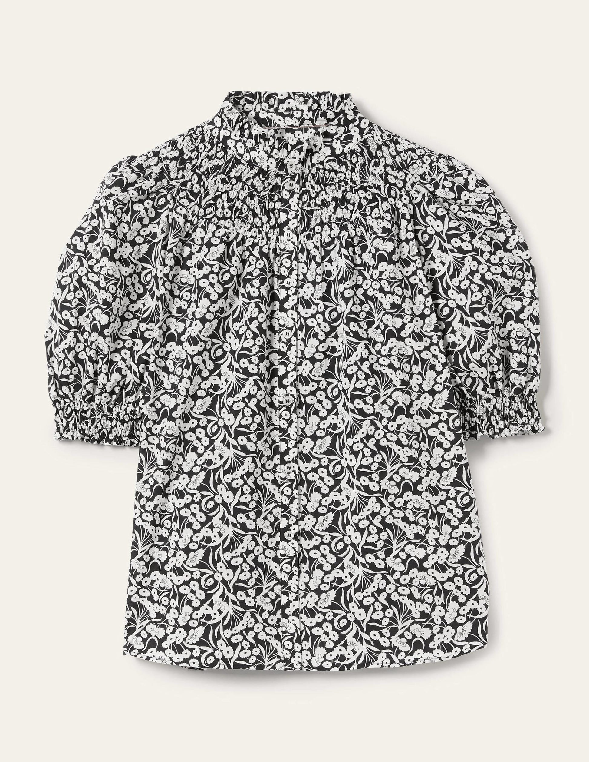 Short Sleeve Smocked Shirt-Black, Floret Bud-9