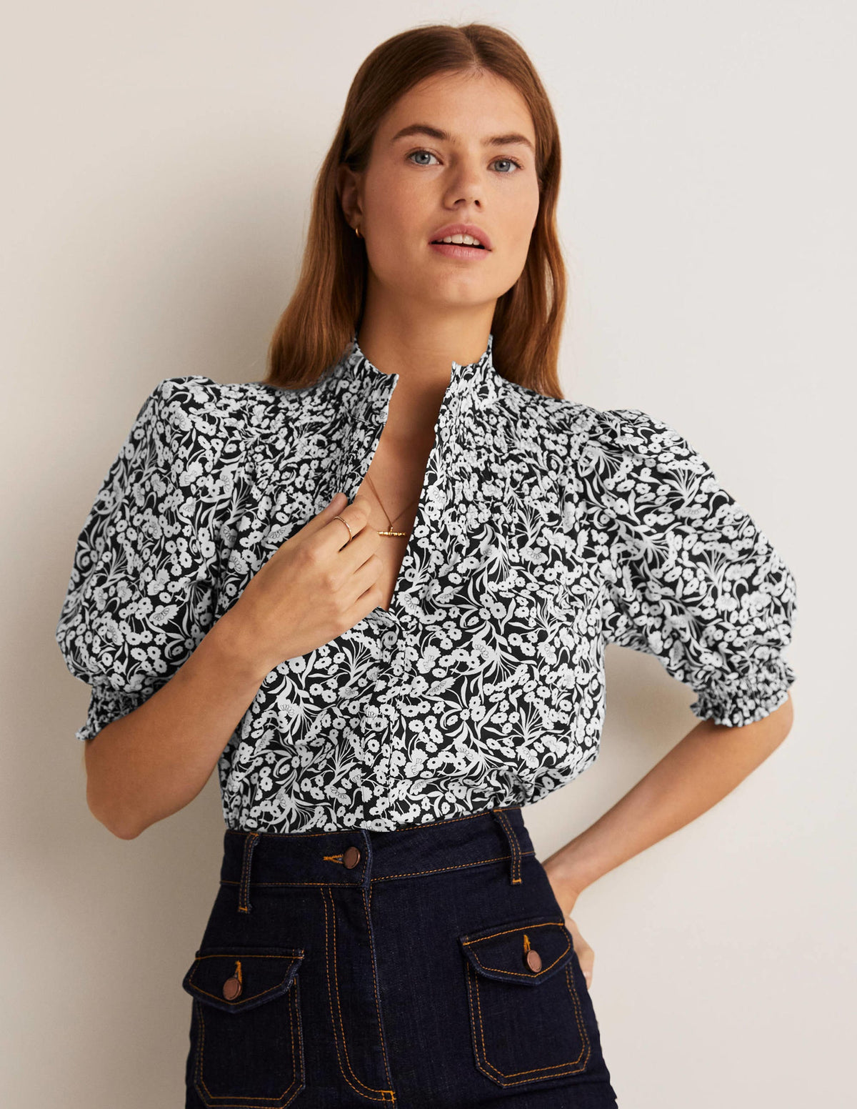 Short Sleeve Smocked Shirt-Black, Floret Bud - Image 1