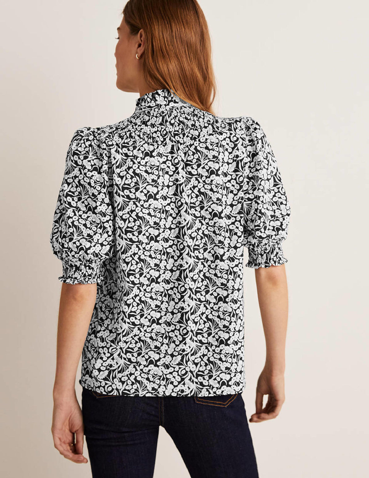 Short Sleeve Smocked Shirt-Black, Floret Bud-3