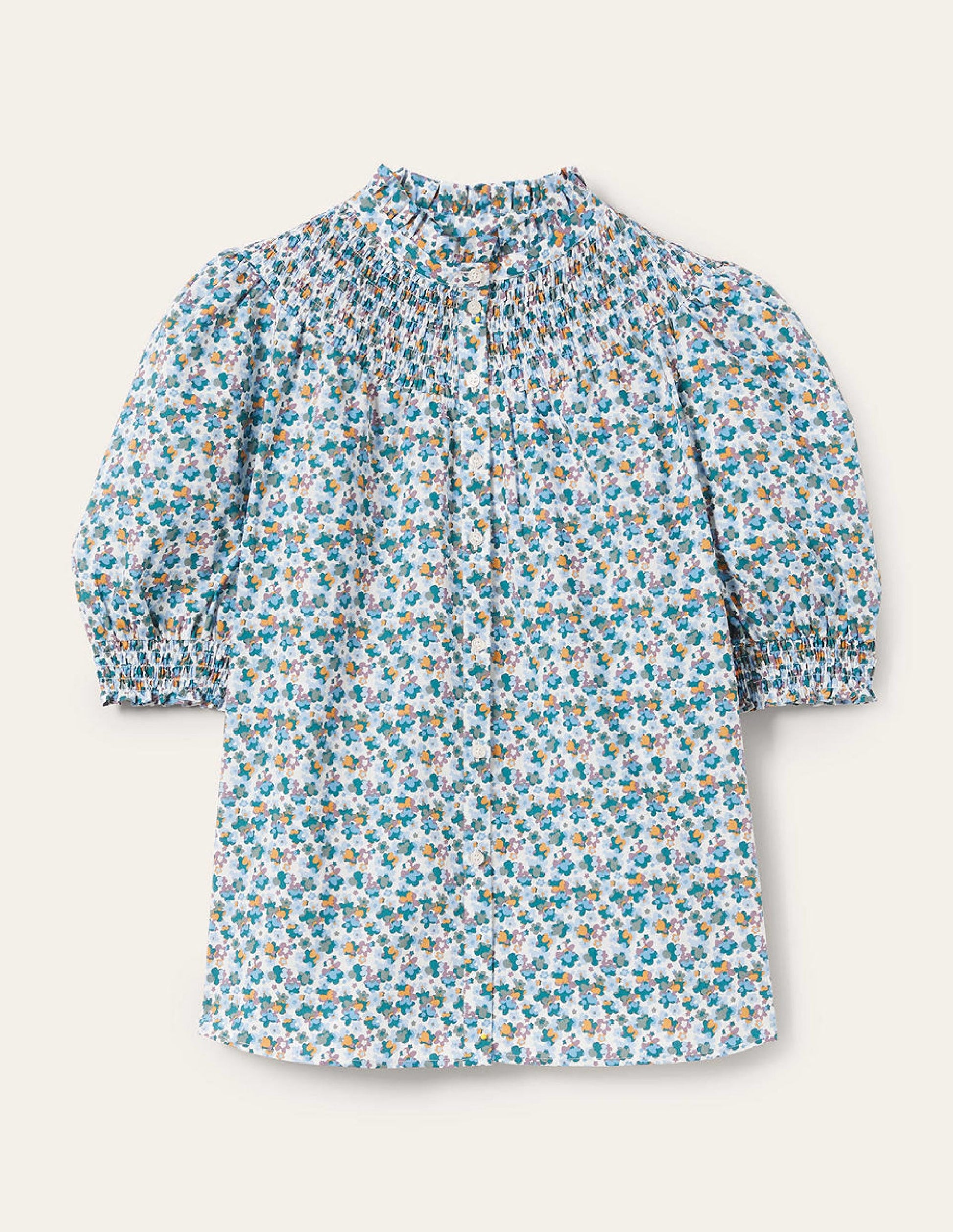 Short Sleeve Smocked Shirt-Blue, Abstract Cluster-6