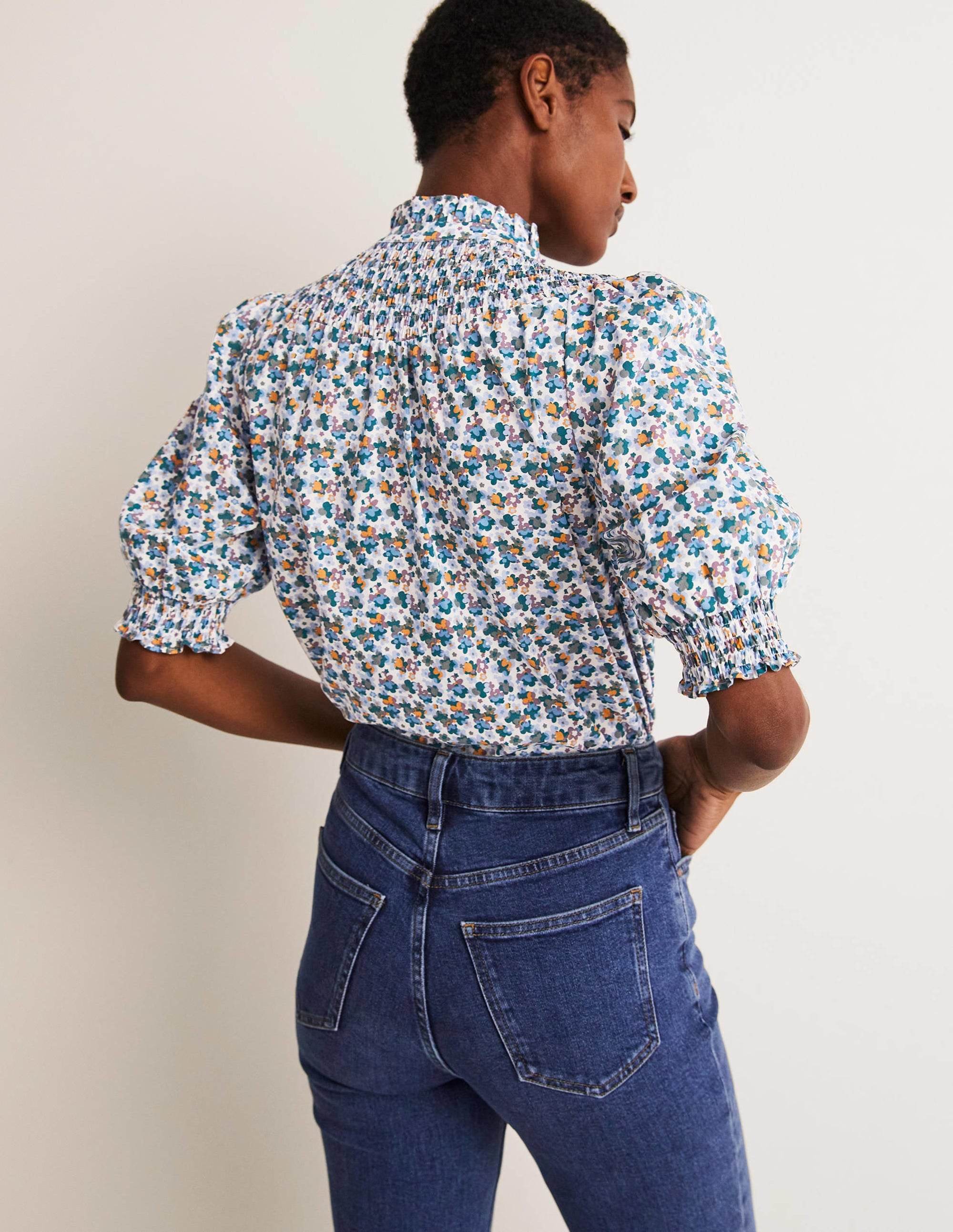 Short Sleeve Smocked Shirt-Blue, Abstract Cluster - Image 8
