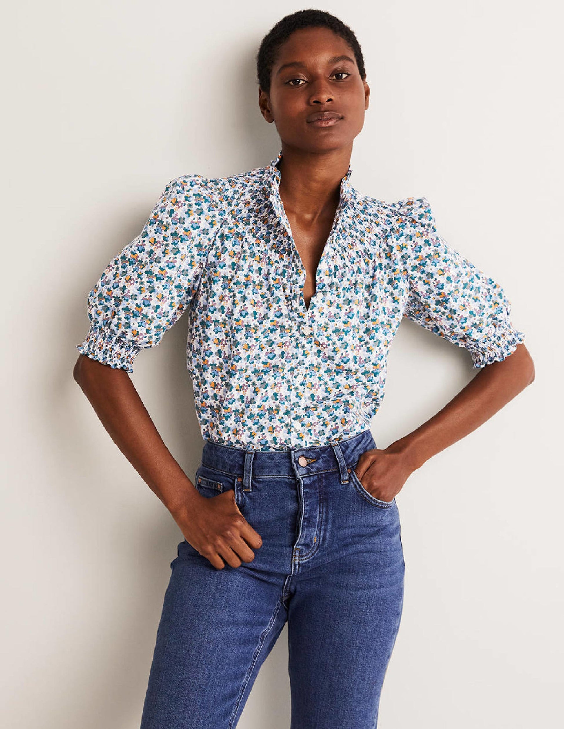 Short Sleeve Smocked Shirt-Blue, Abstract Cluster-1