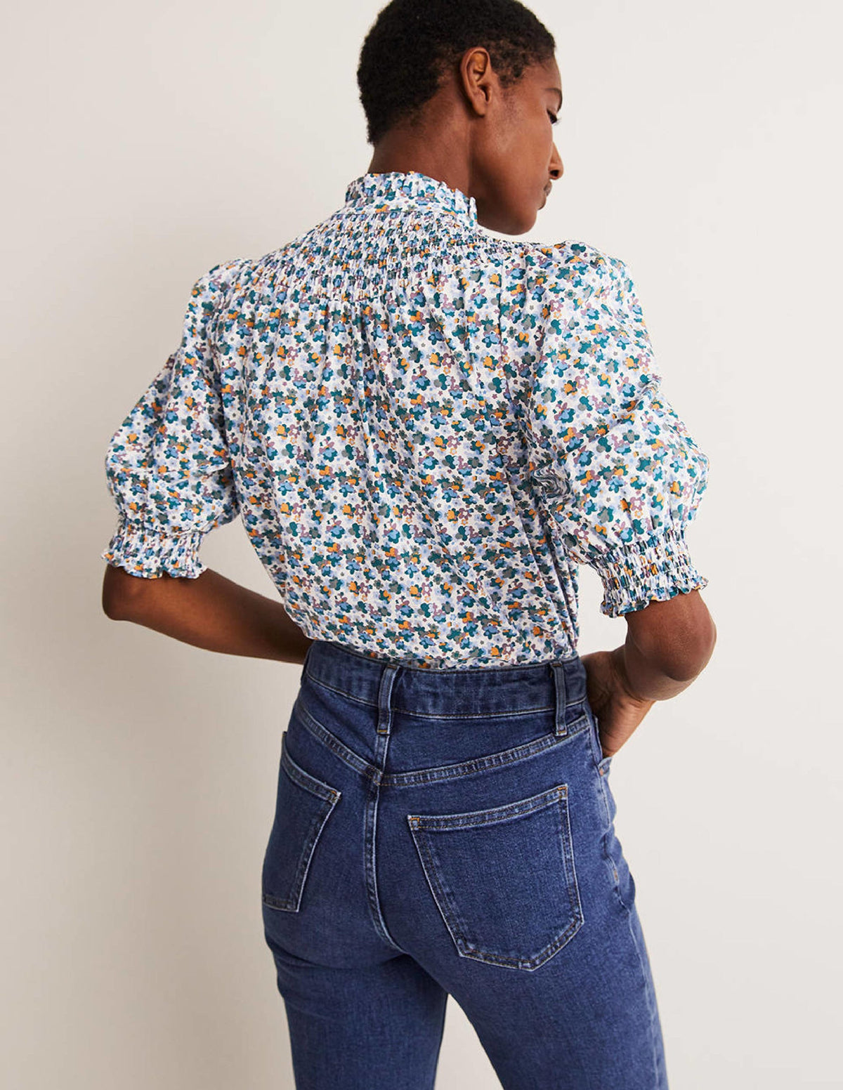 Short Sleeve Smocked Shirt-Blue, Abstract Cluster - Image 3