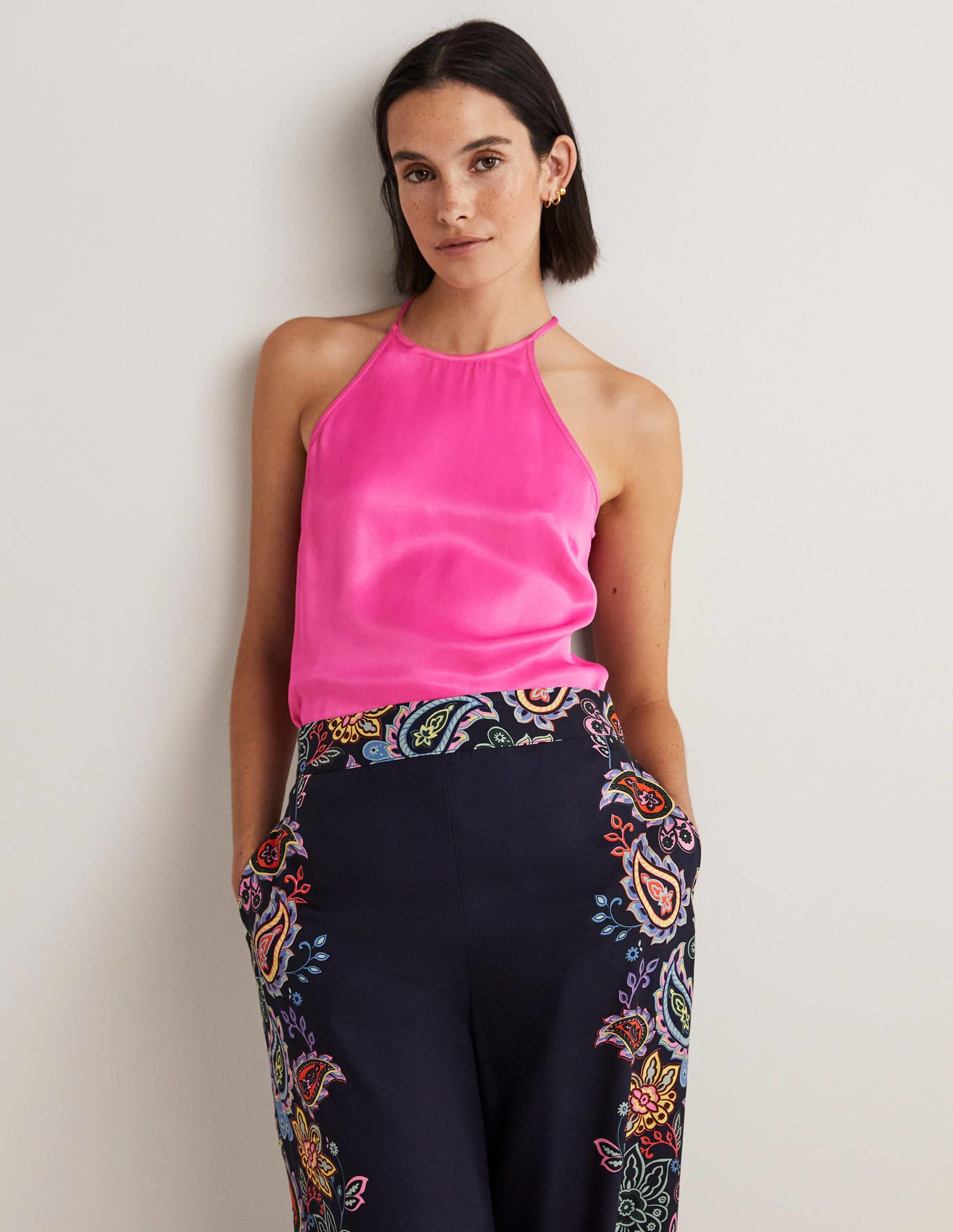 Strappy Halterneck Satin Top-Watermelon Pink - Image 1