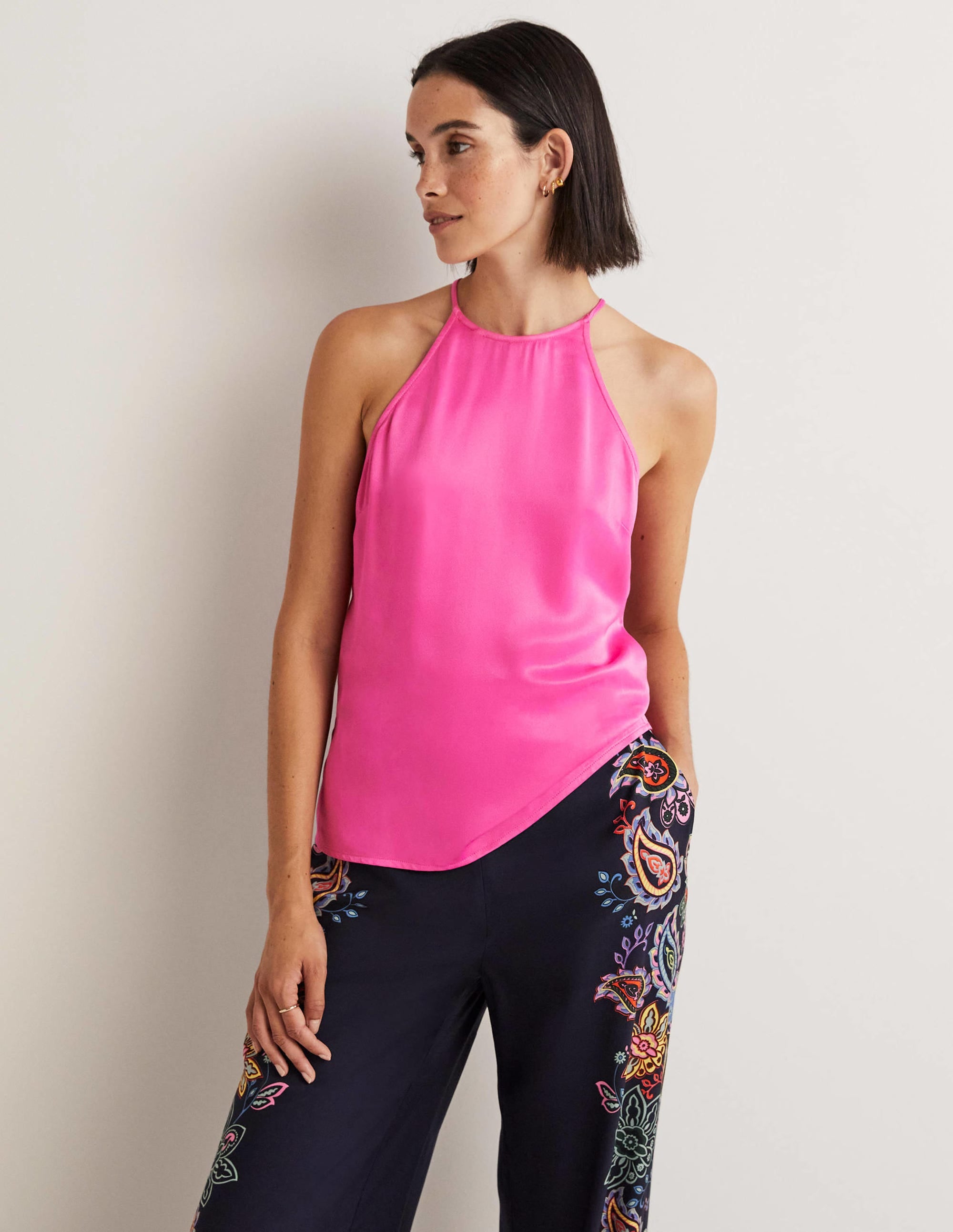 Strappy Halterneck Satin Top-Watermelon Pink - Image 5