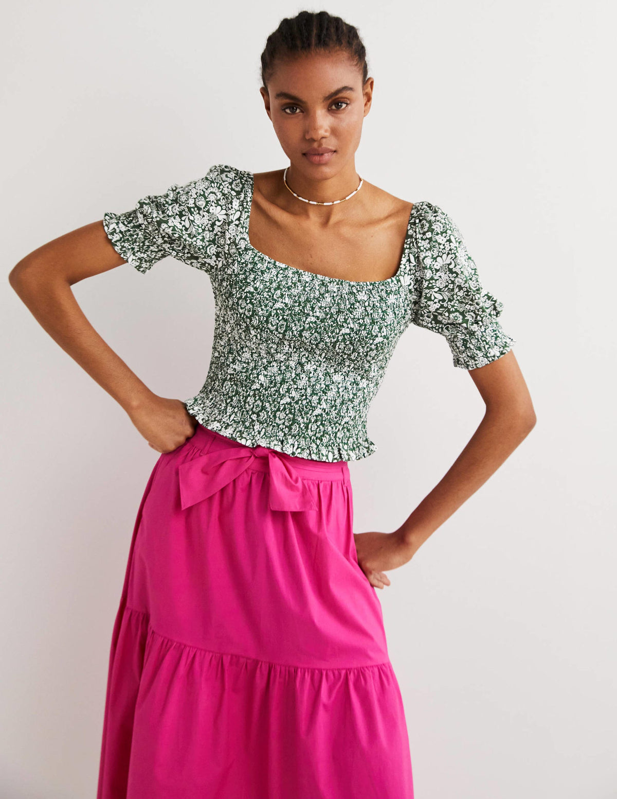 Square Neck Smocked Jersey Top-Hunter Green, Pretty Paradise-1