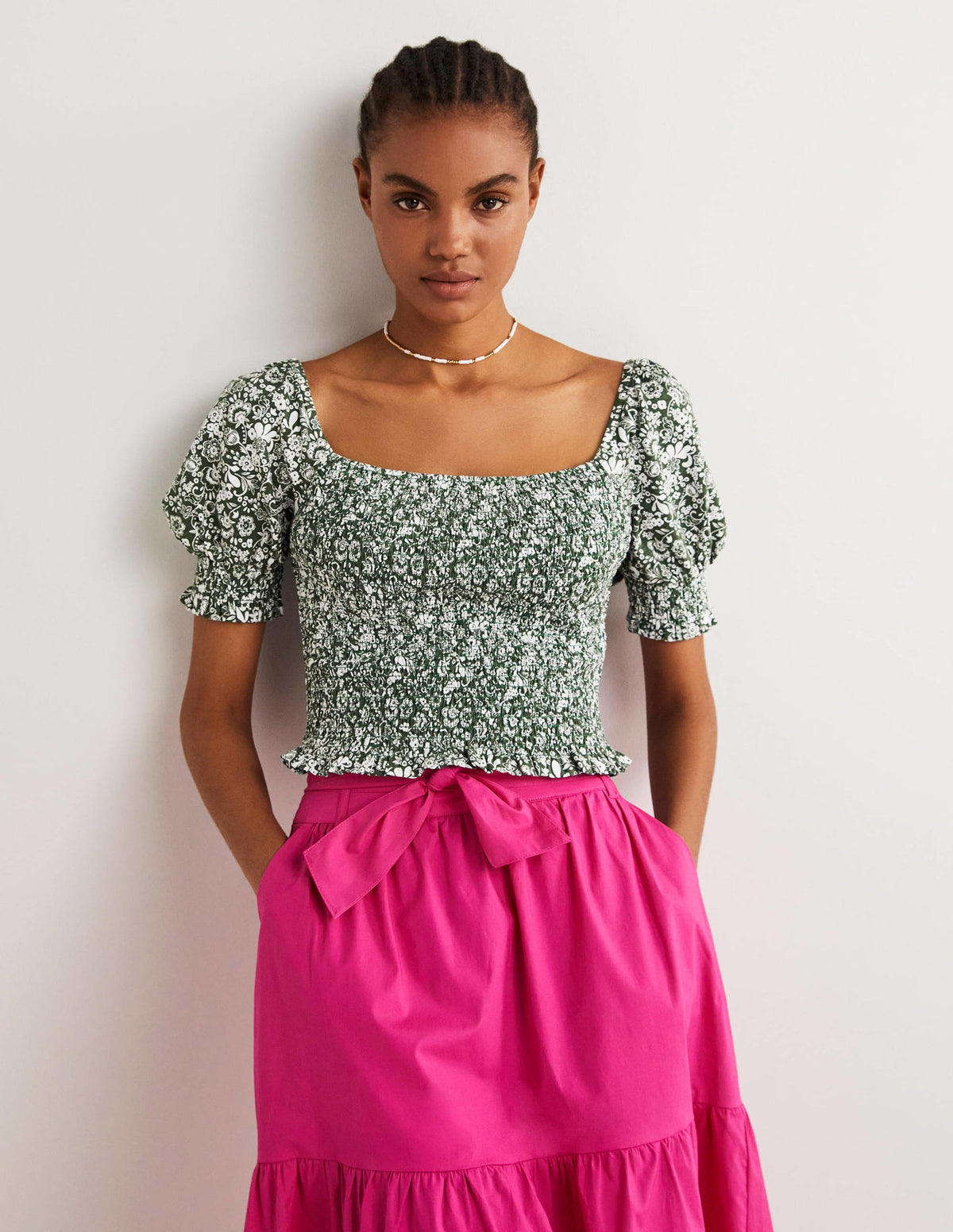Square Neck Smocked Jersey Top-Hunter Green, Pretty Paradise - Image 4