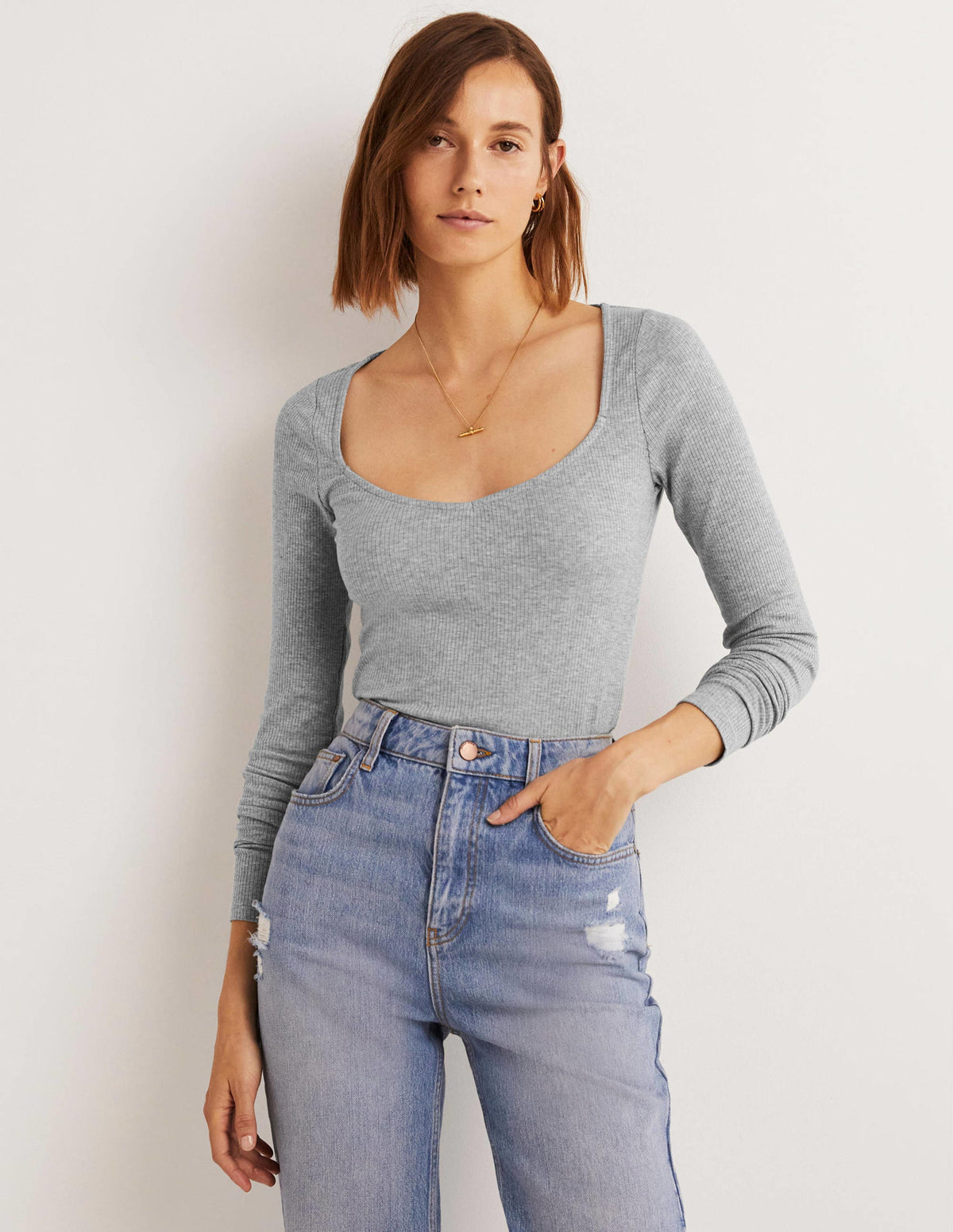 Soft Ribbed Sweetheart Top-Grey Marl - Image 1