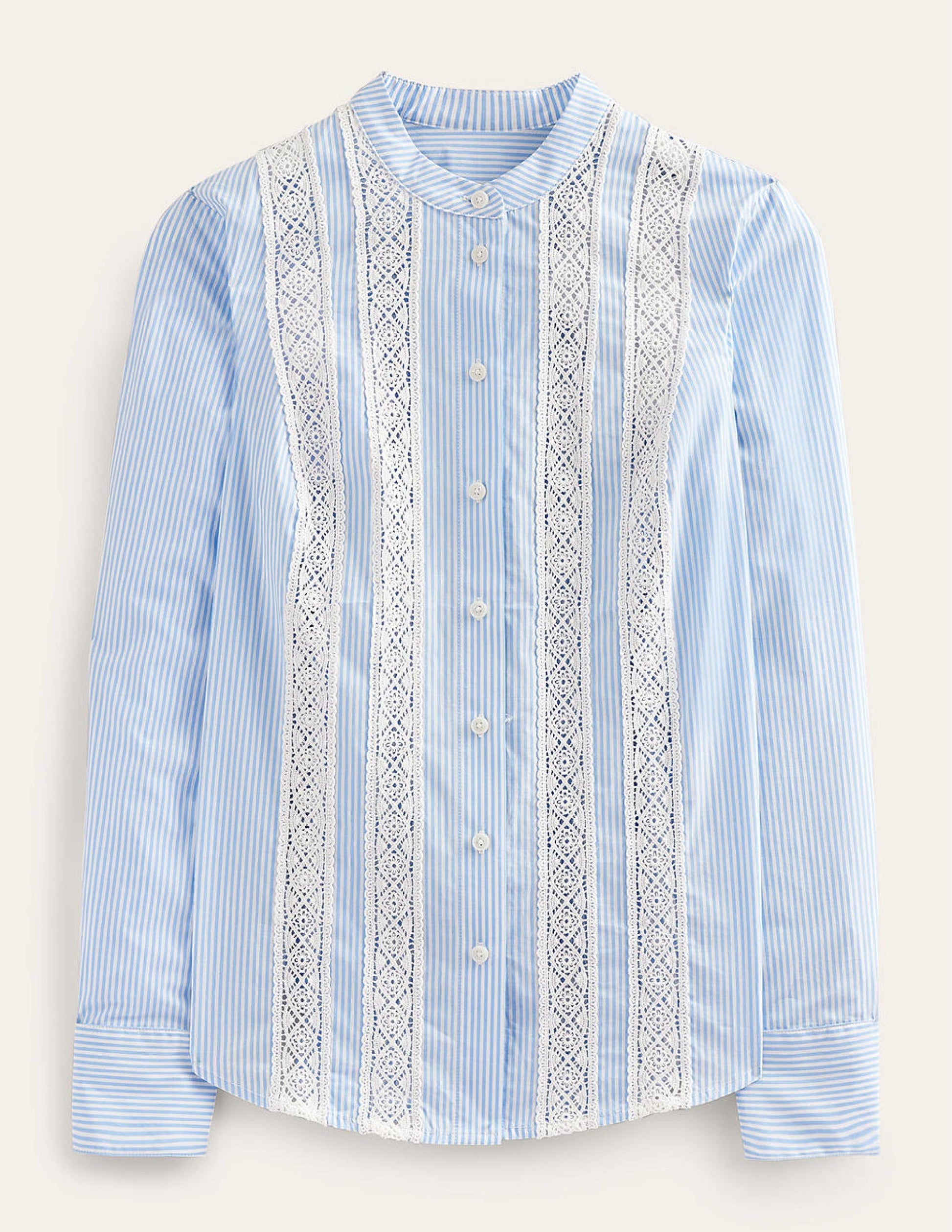 Lace-Panelled Poplin Shirt-Cornflower Fine Ticking Stripe-6