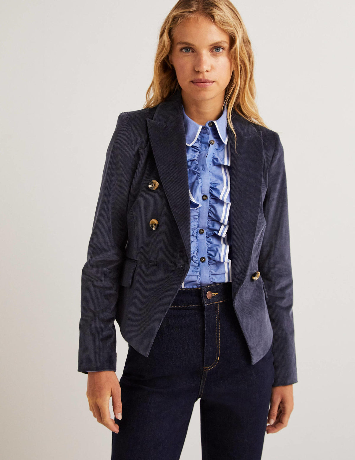 Double Breasted Cord Blazer-Navy-1