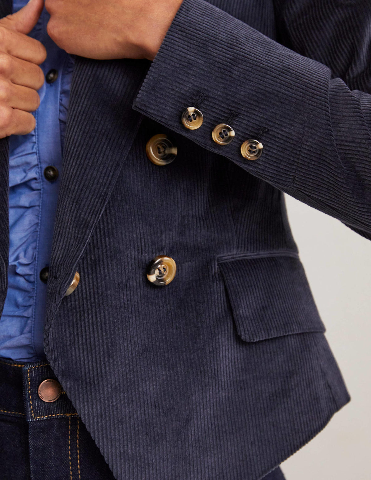 Double Breasted Cord Blazer-Navy - Image 2