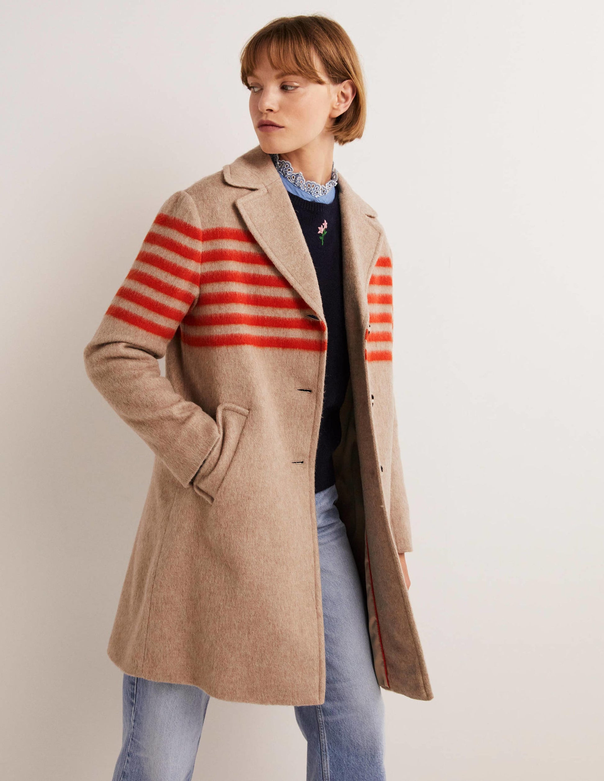 Wool Blend Striped Coat-Camel, Bright Papaya Stripe-1