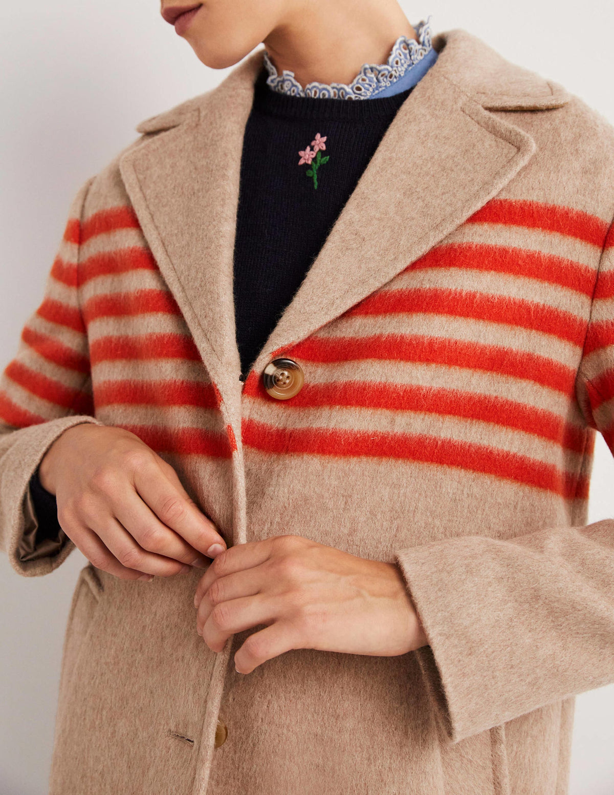Wool Blend Striped Coat-Camel, Bright Papaya Stripe - Image 2