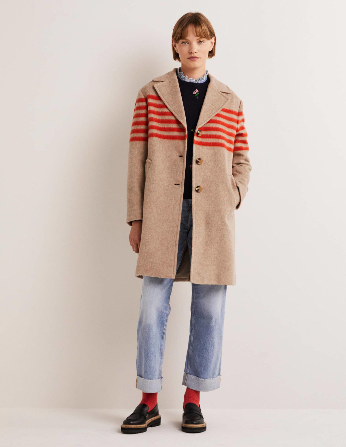 Wool Blend Striped Coat-Camel, Bright Papaya Stripe-5