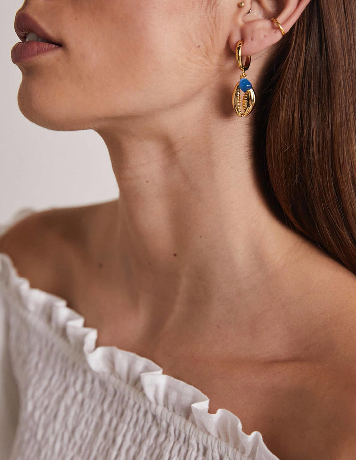 Shell Hoop Earrings-Gold/Blue-1