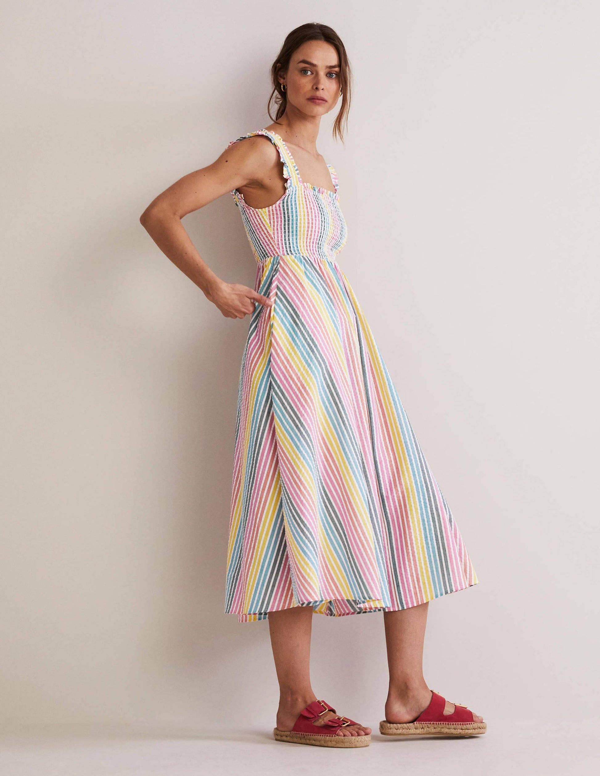 Smock Detail Stripe Midi Dress-Rainbow Seersucker-6