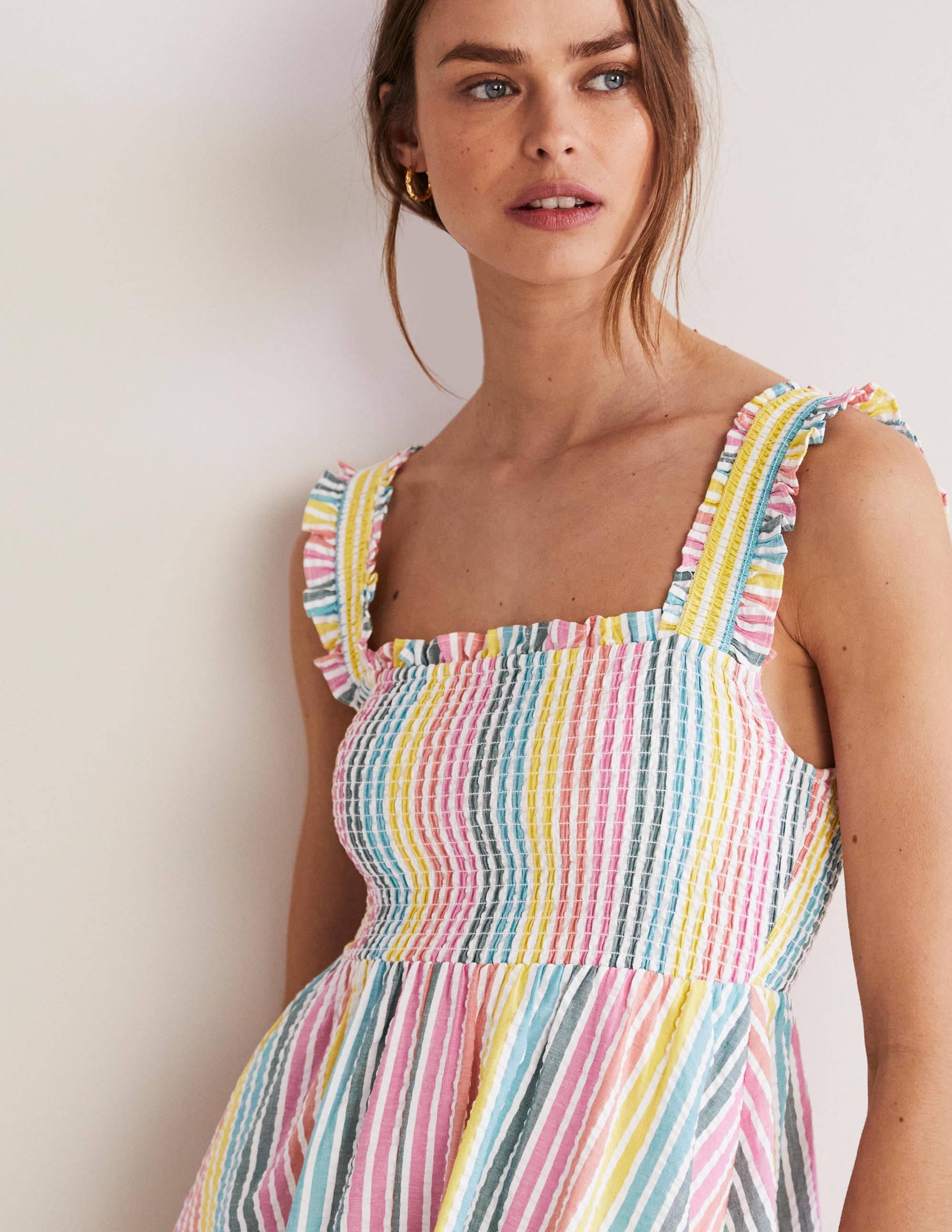 Smock Detail Stripe Midi Dress-Rainbow Seersucker-2