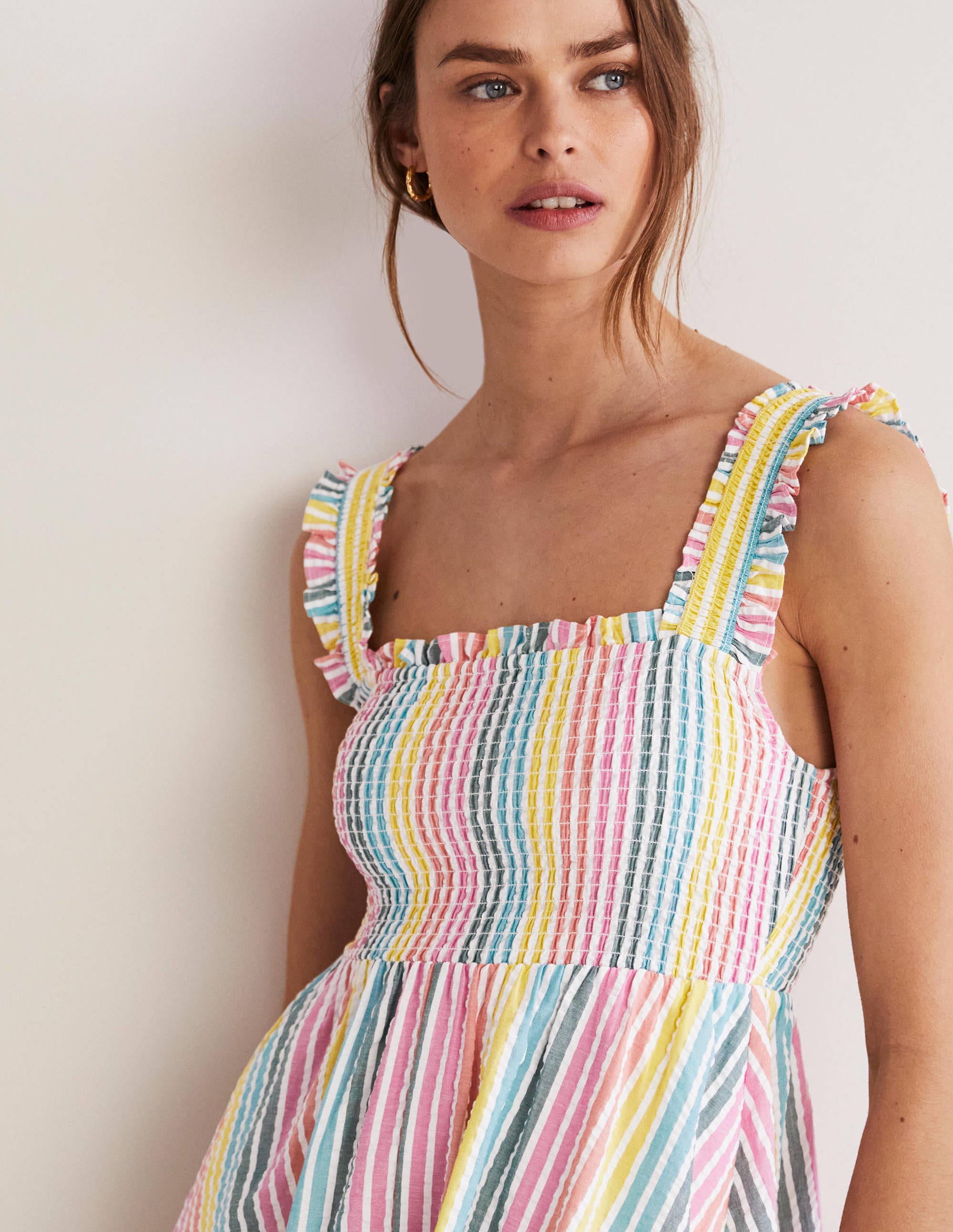 Smock Detail Stripe Midi Dress-Rainbow Seersucker - Image 2