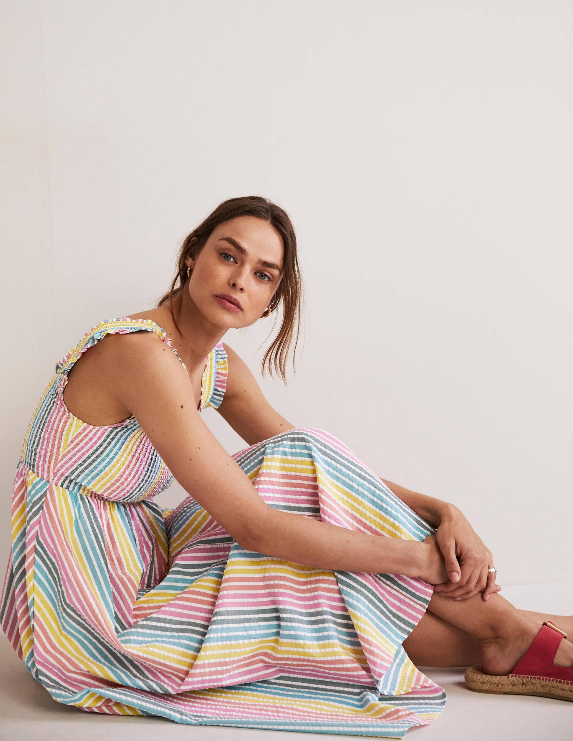 Smock Detail Stripe Midi Dress-Rainbow Seersucker-3