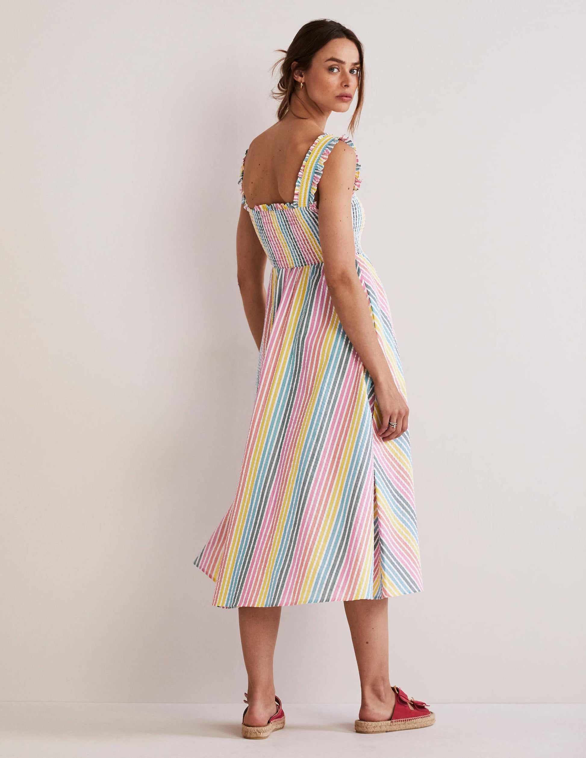 Smock Detail Stripe Midi Dress-Rainbow Seersucker-4