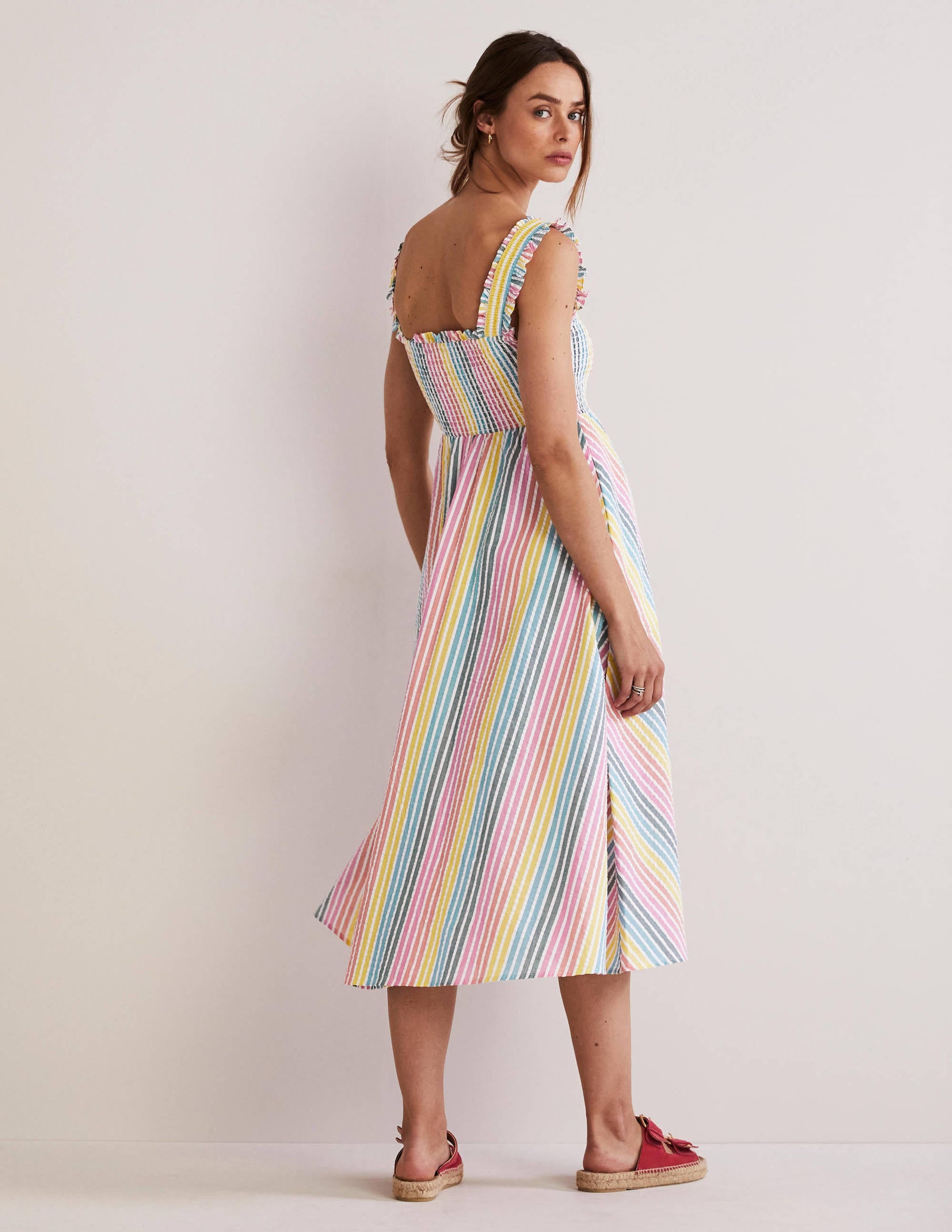 Smock Detail Stripe Midi Dress-Rainbow Seersucker - Image 4