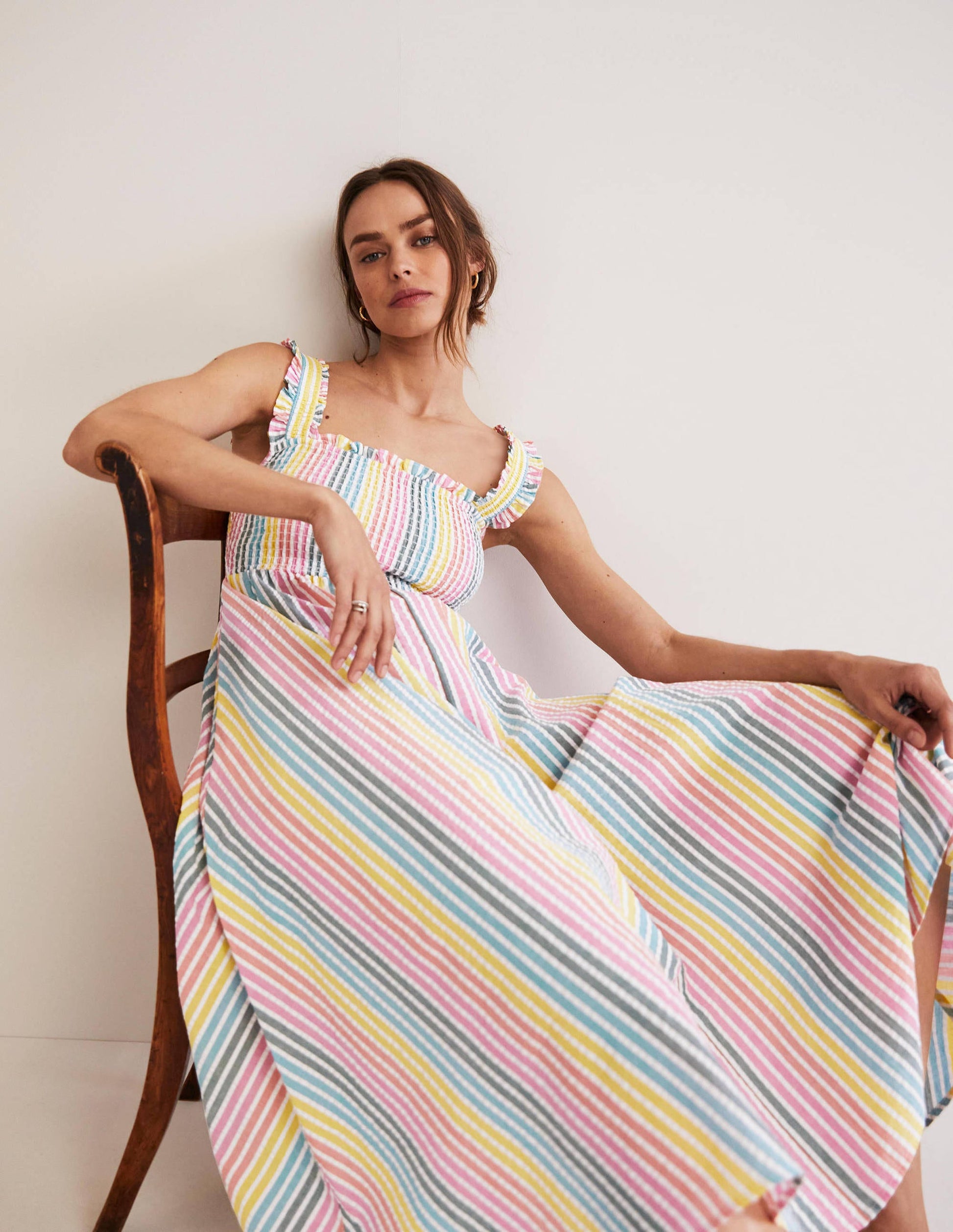 Smock Detail Stripe Midi Dress-Rainbow Seersucker-5