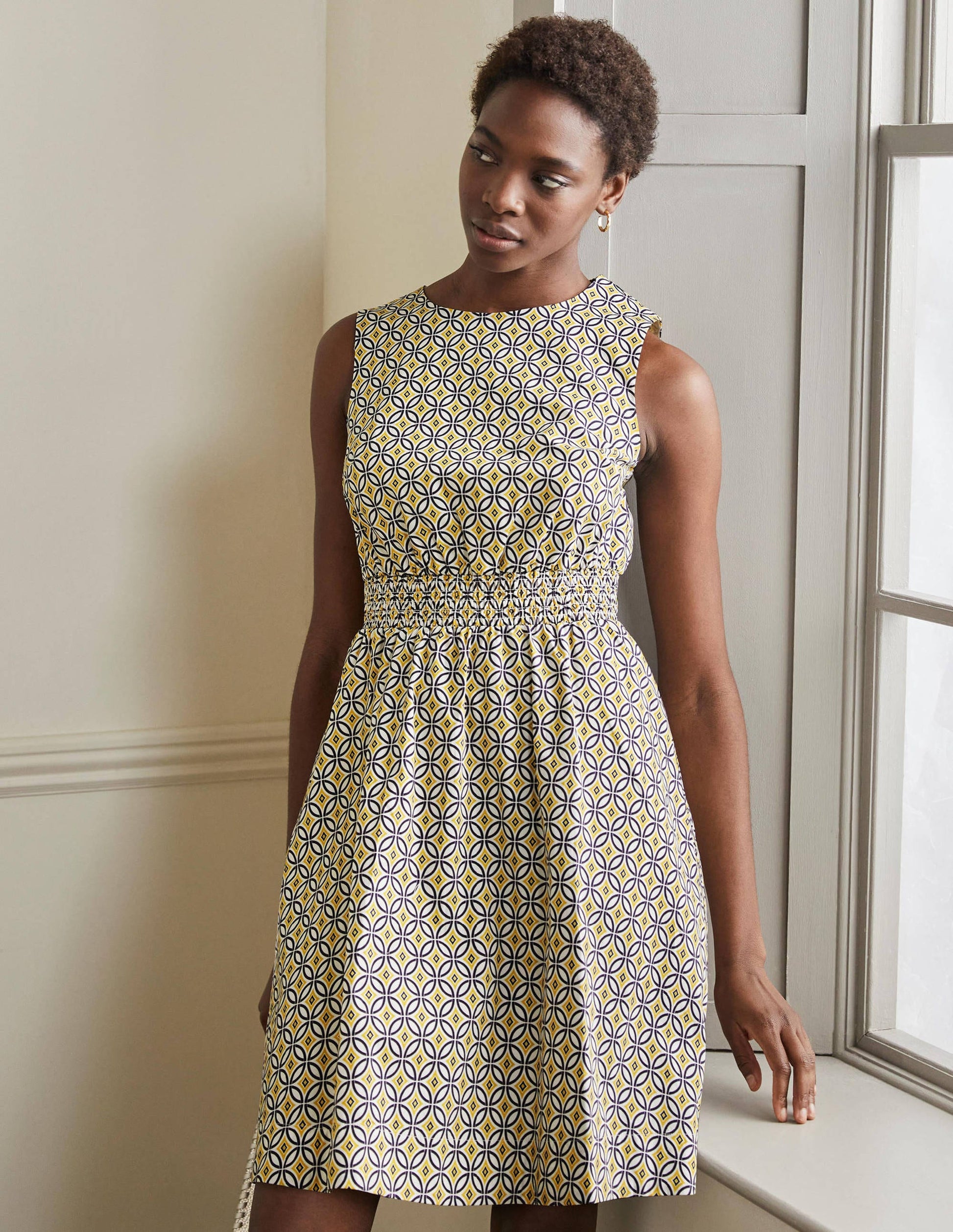 Smocked Waist Mini Dress-Ivory, Diamond Trance-4